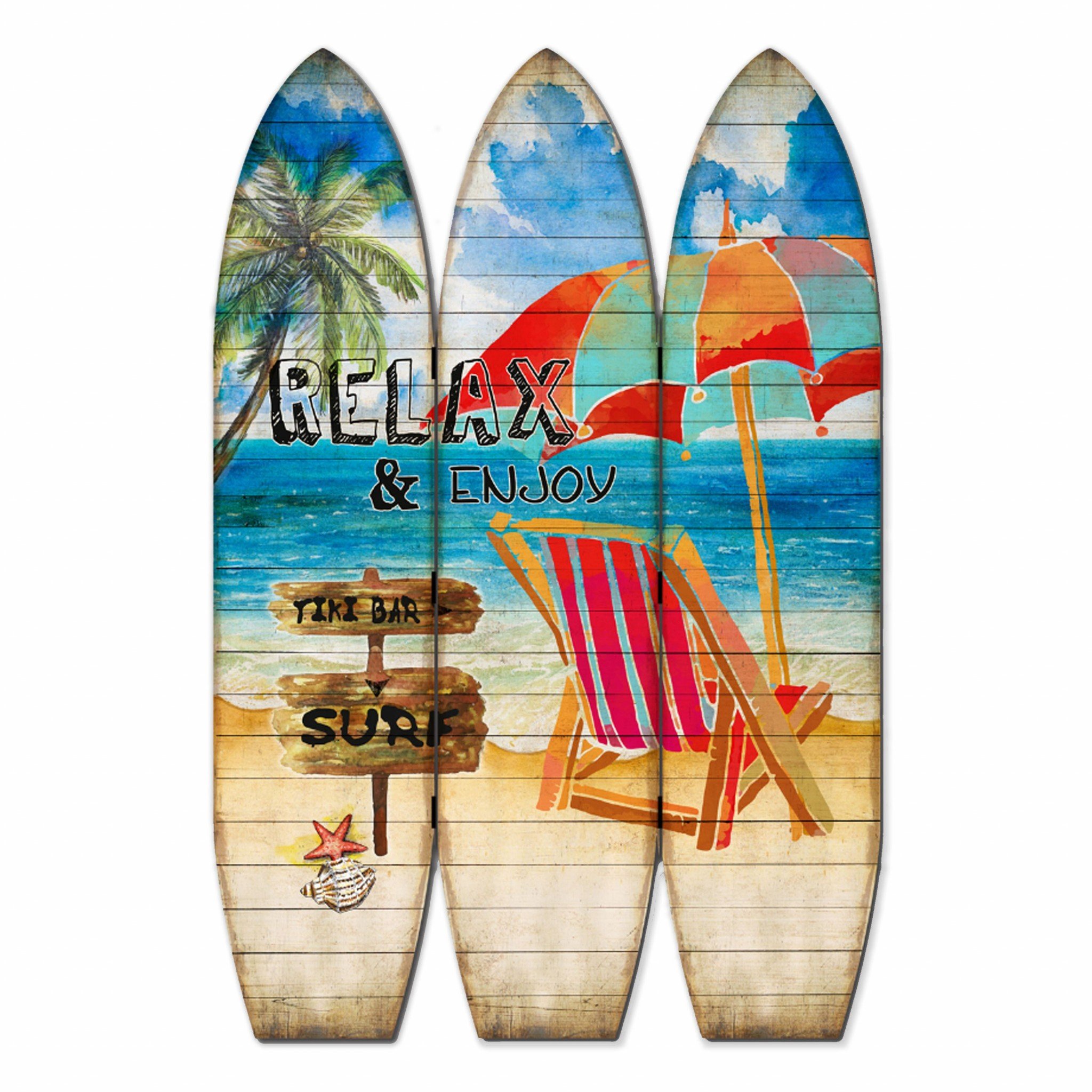 A colorful surfboard screen room divider featuring three surfboards hinged together, showcasing vibrant coastal designs.