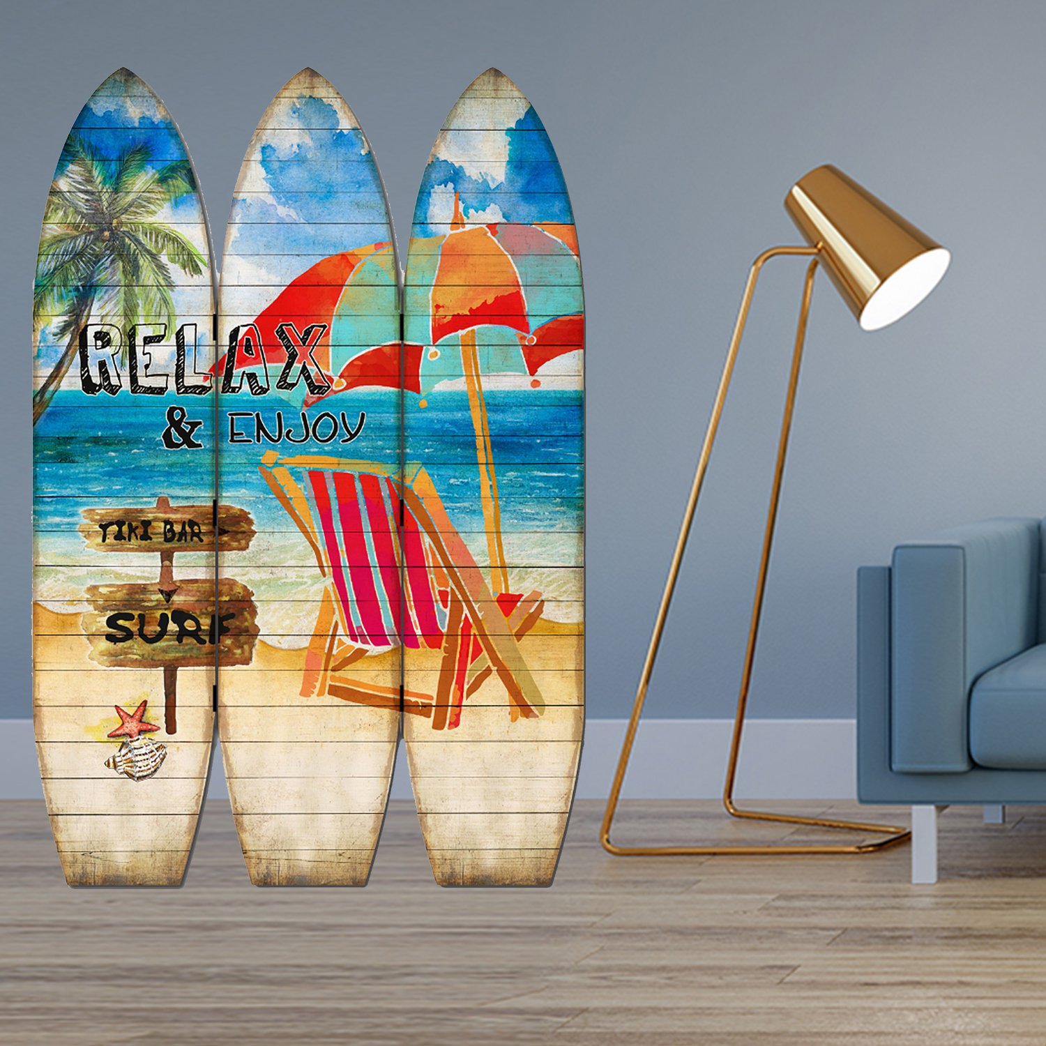 A colorful surfboard screen room divider featuring three surfboards hinged together, showcasing vibrant coastal designs.