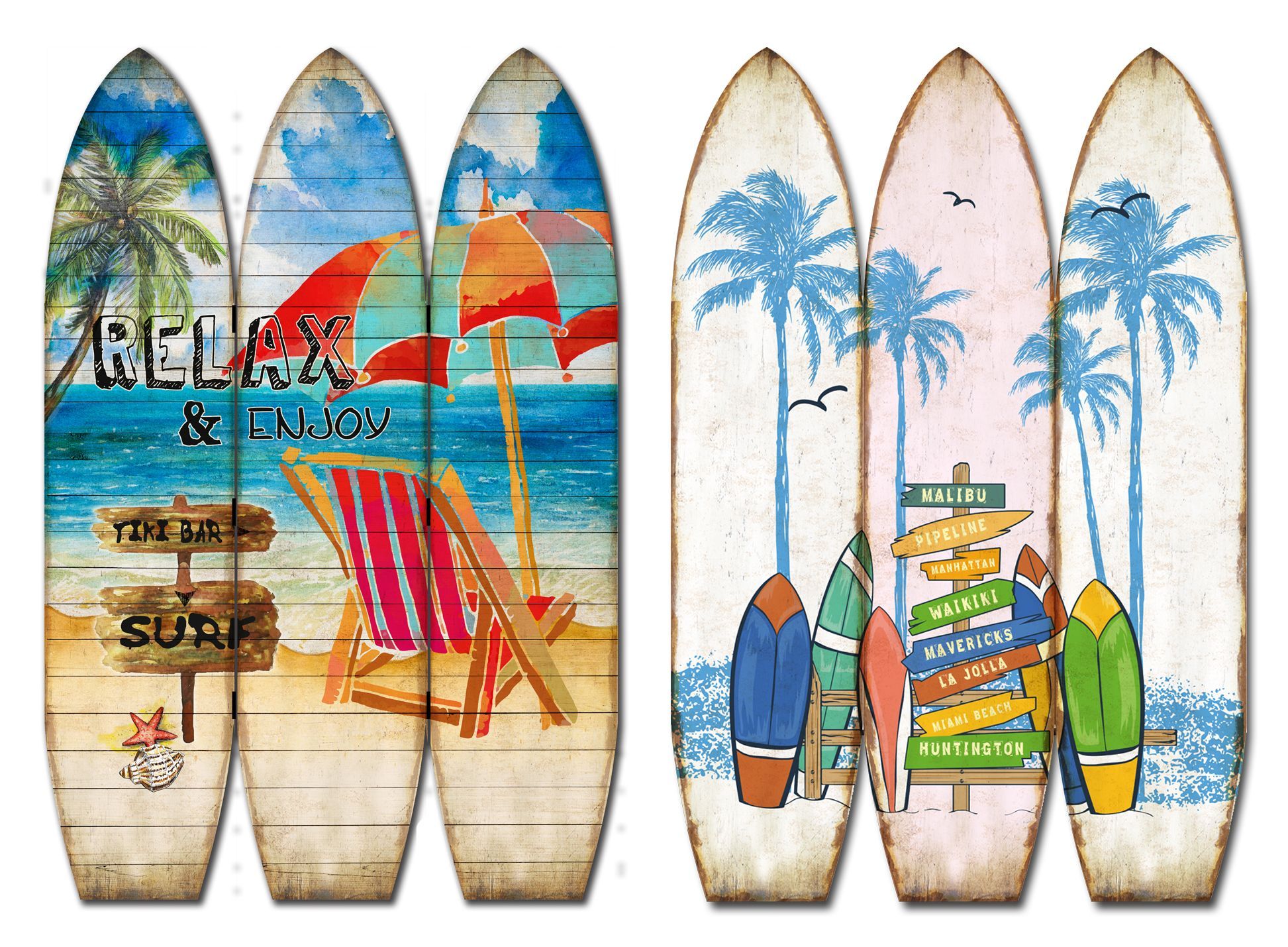 A colorful surfboard screen room divider featuring three surfboards hinged together, showcasing vibrant coastal designs.