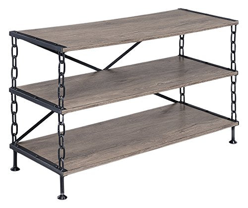 Rustic Oak and Antique Black TV Stand with three shelves and a sturdy metal frame, designed for 50-inch flat-screen TVs.