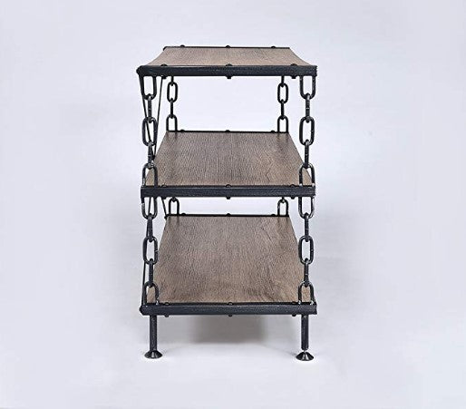Rustic Oak and Antique Black TV Stand with three shelves and a sturdy metal frame, designed for 50-inch flat-screen TVs.