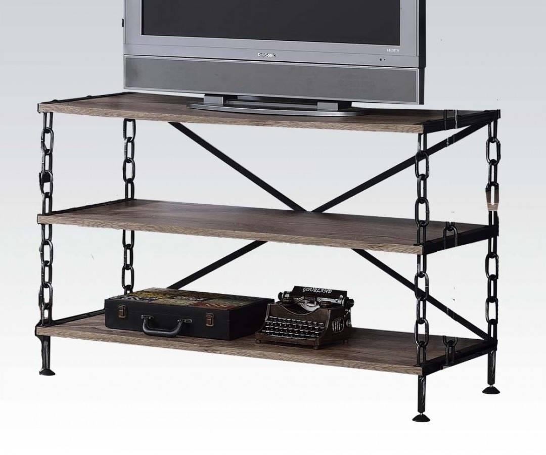 Rustic Oak and Antique Black TV Stand with three shelves and a sturdy metal frame, designed for 50-inch flat-screen TVs.