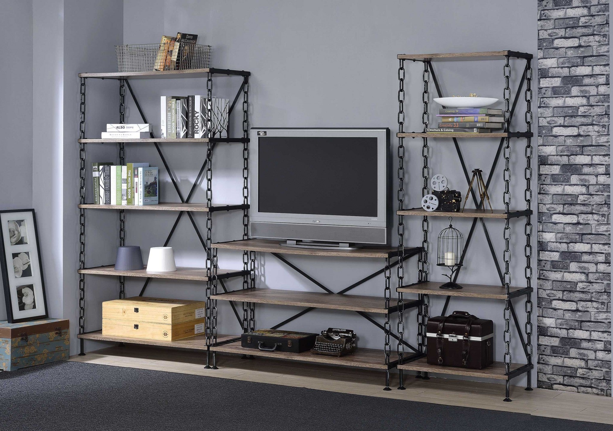 Rustic Oak and Antique Black TV Stand with three shelves and a sturdy metal frame, designed for 50-inch flat-screen TVs.