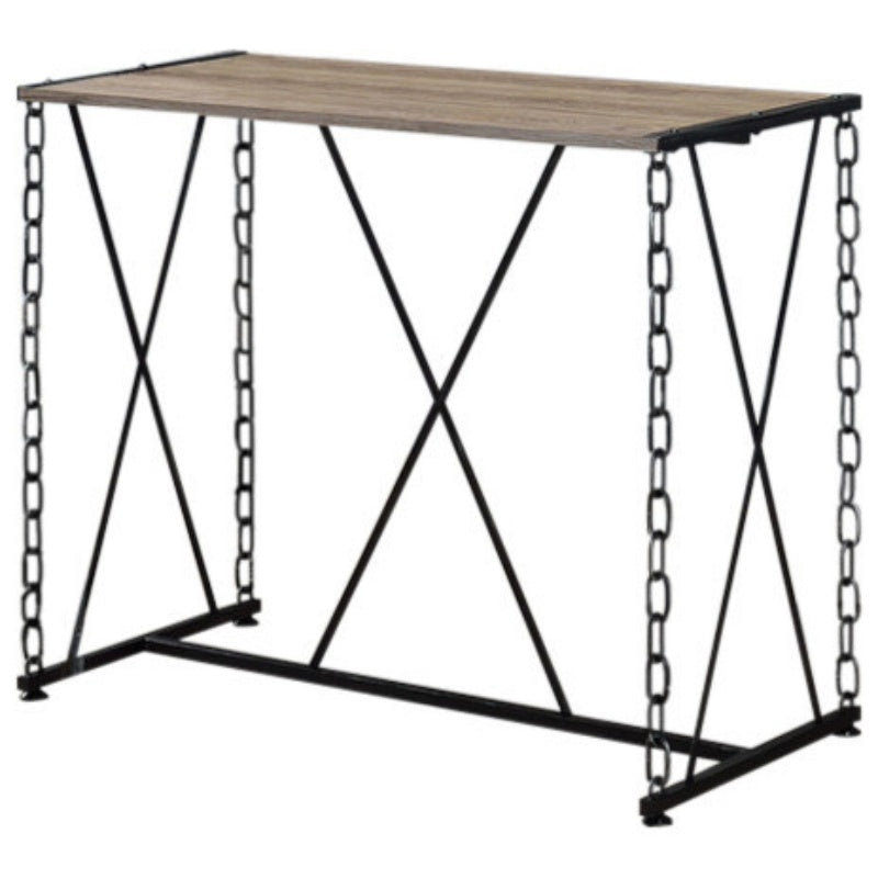 Rustic Oak and Antique Black Bar Table, 48x24x42 inches, featuring a wooden top and sturdy metal base.