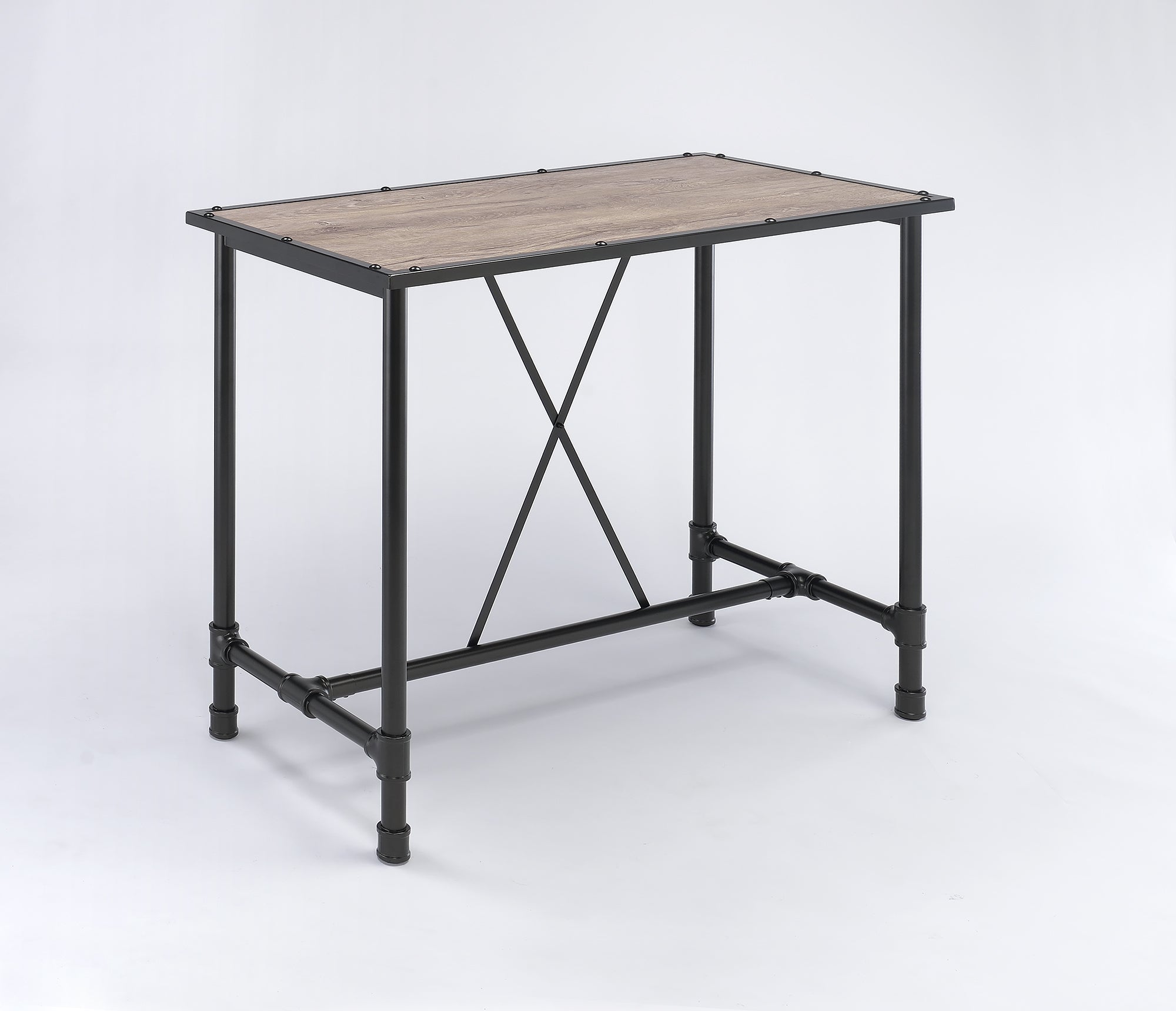 Rustic Oak and Antique Black Bar Table, 48x24x42 inches, featuring a wooden top and sturdy metal base.