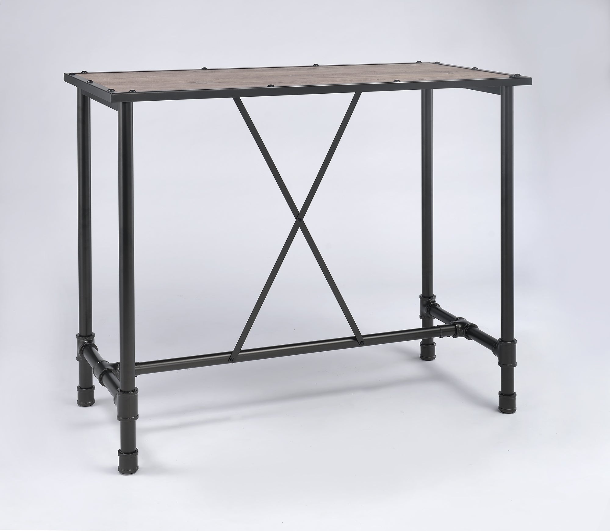 Rustic Oak and Antique Black Bar Table, 48x24x42 inches, featuring a wooden top and sturdy metal base.