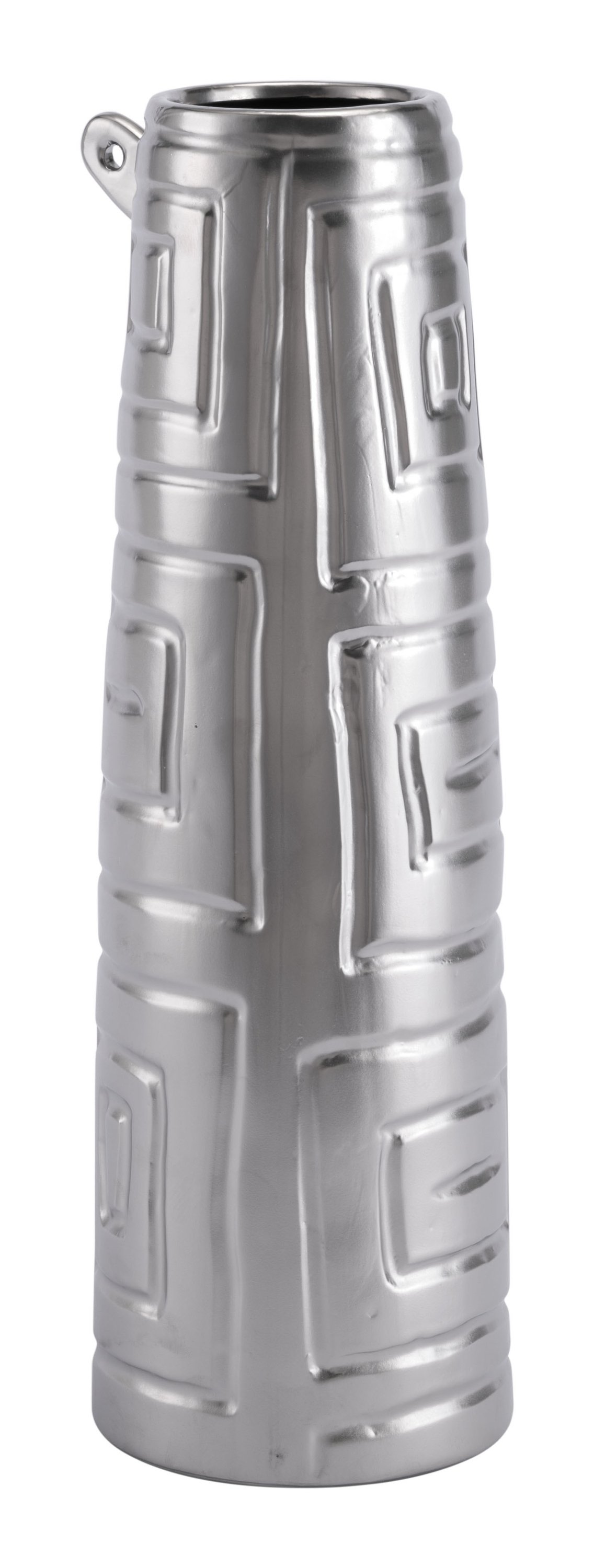 A decorative small jar made of stoneware, featuring hand-painted Aztec patterns in a matte silver finish, ideal for home decor.