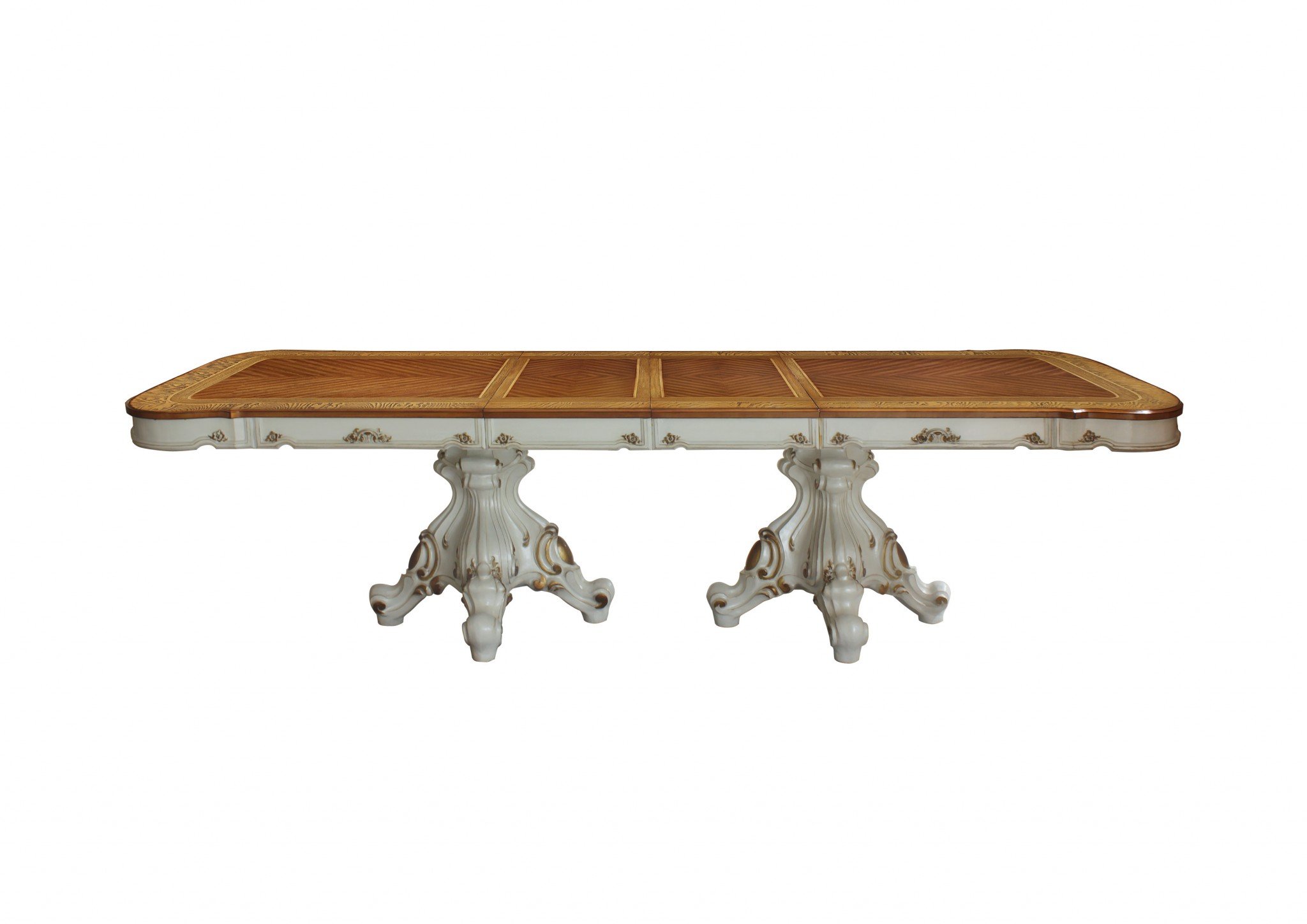 Elegant 49x120 inches Antique Pearl Cherry Oak Wood dining table with dual pedestal design and intricate carvings.