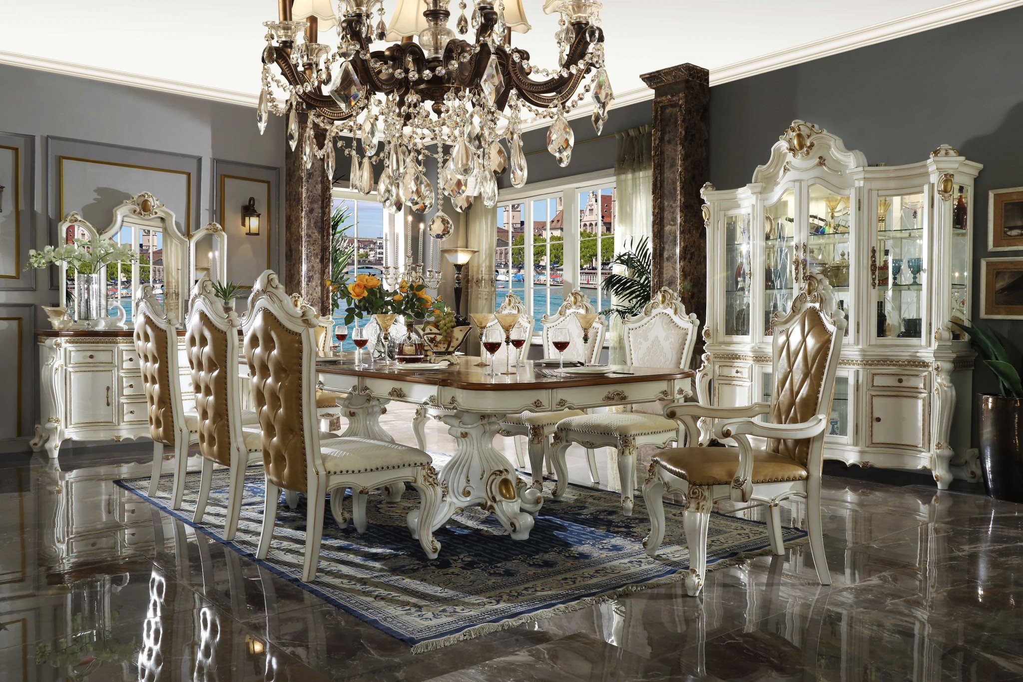 Elegant 49x120 inches Antique Pearl Cherry Oak Wood dining table with dual pedestal design and intricate carvings.