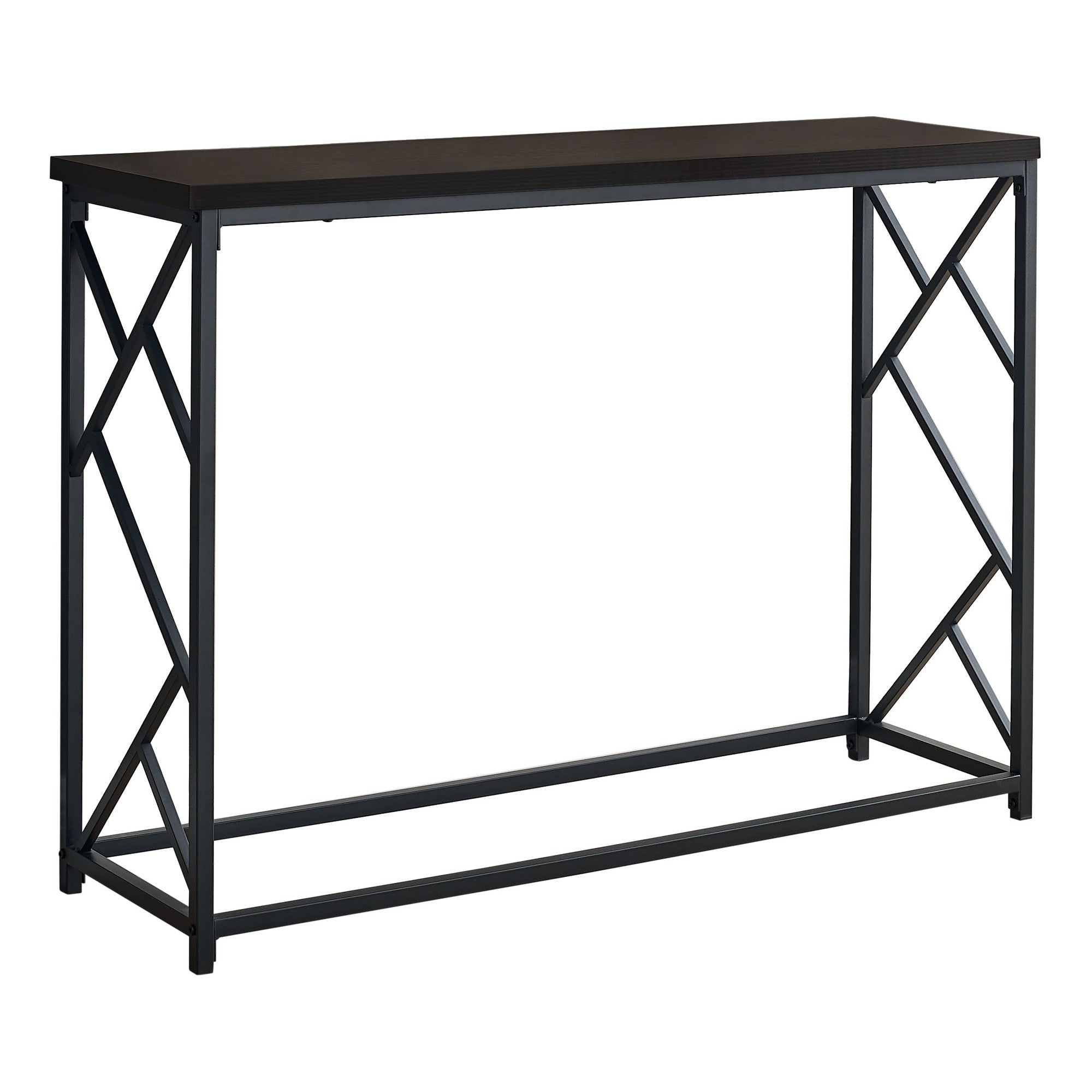 44-inch rectangular espresso and black metal hall console accent table with criss-cross design, showcasing ample surface space for decor.