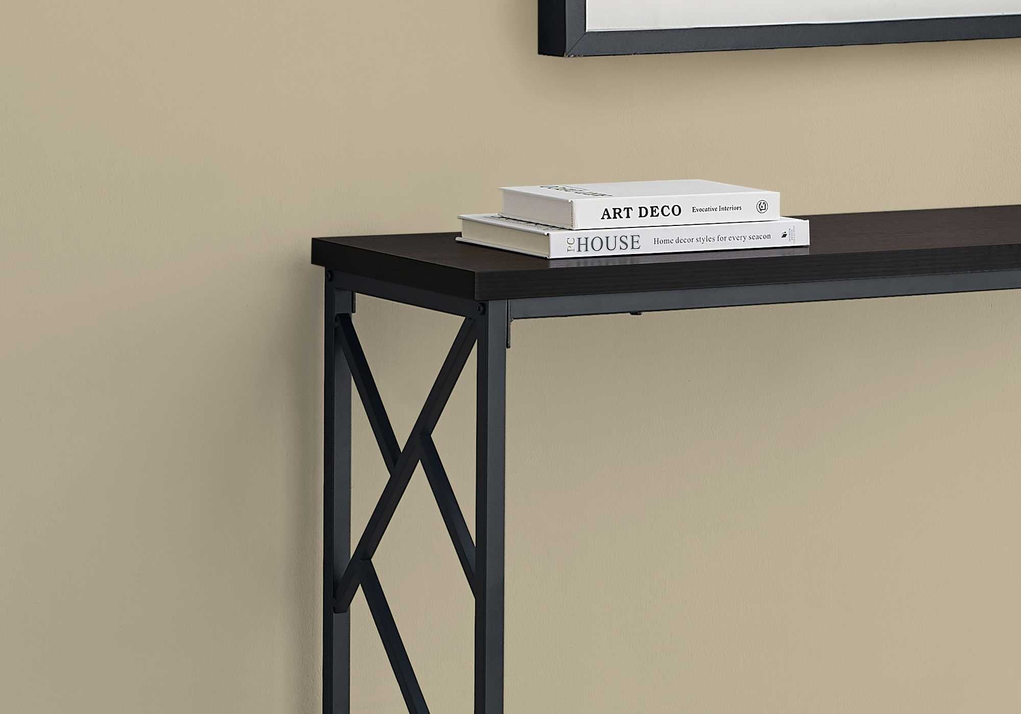 44-inch rectangular espresso and black metal hall console accent table with criss-cross design, showcasing ample surface space for decor.