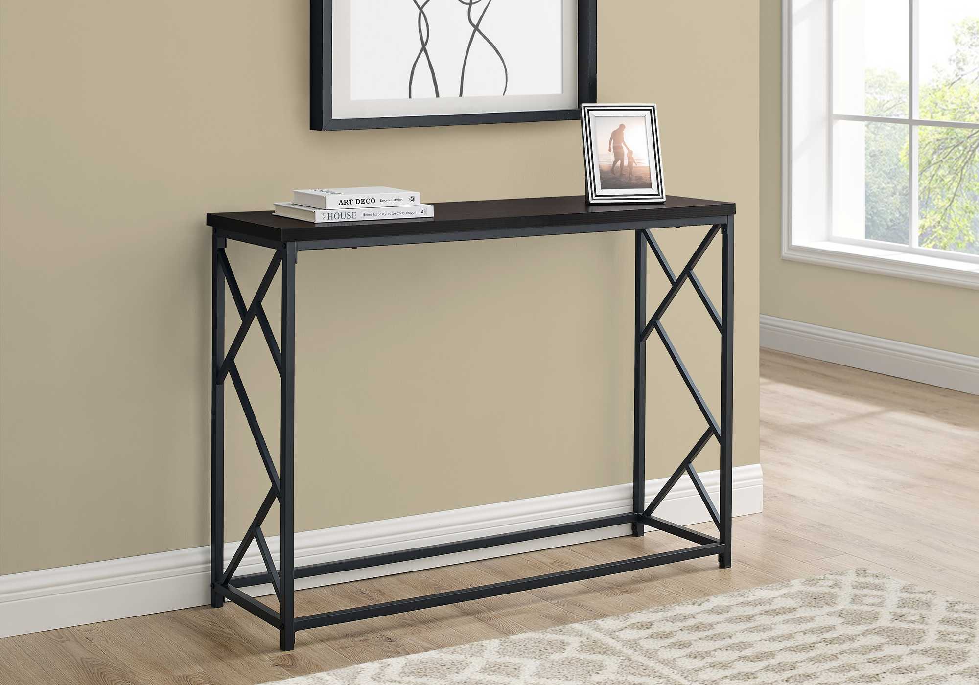 44-inch rectangular espresso and black metal hall console accent table with criss-cross design, showcasing ample surface space for decor.