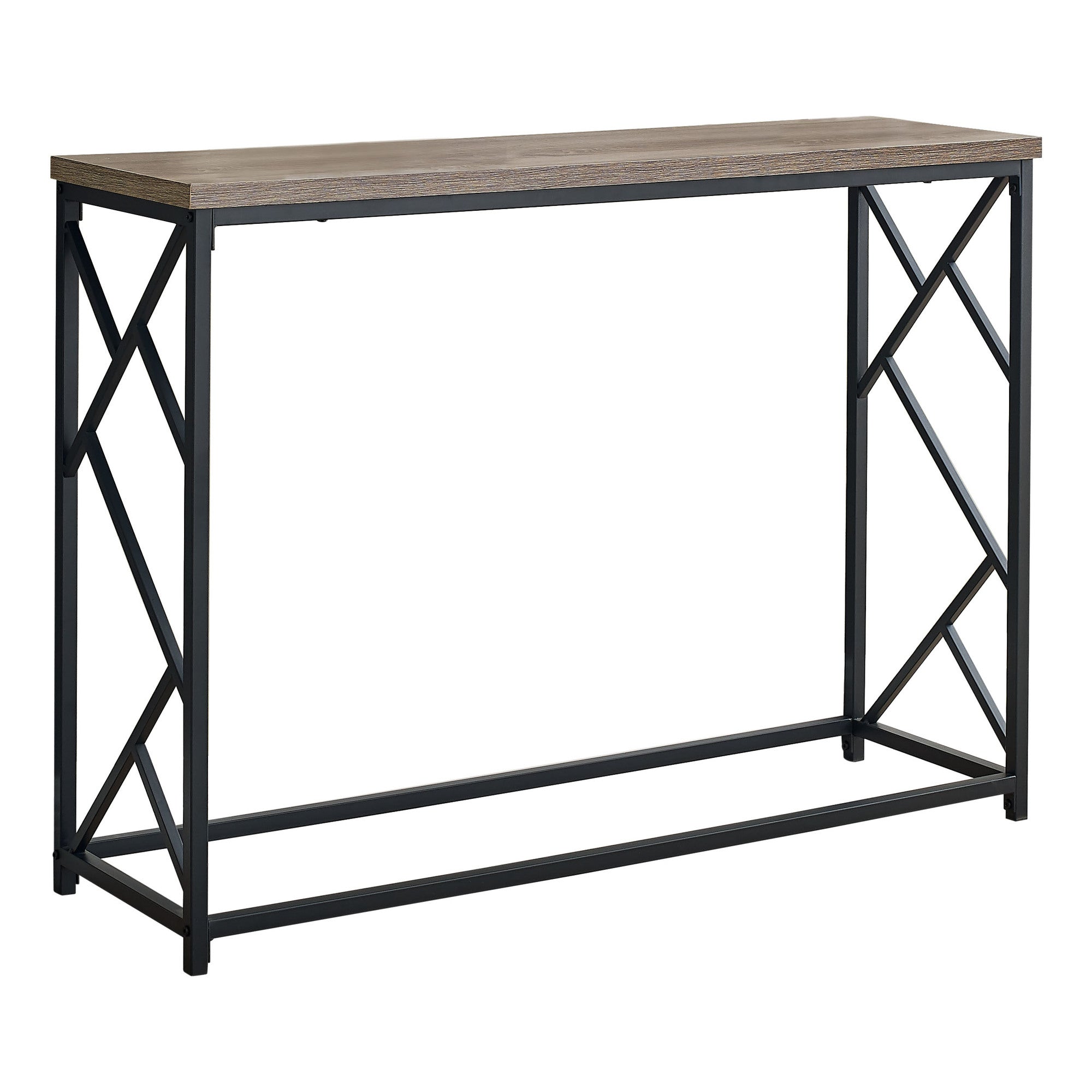 44-inch rectangular taupe hall console accent table with black metal frame, featuring a criss-cross design, perfect for entryways.