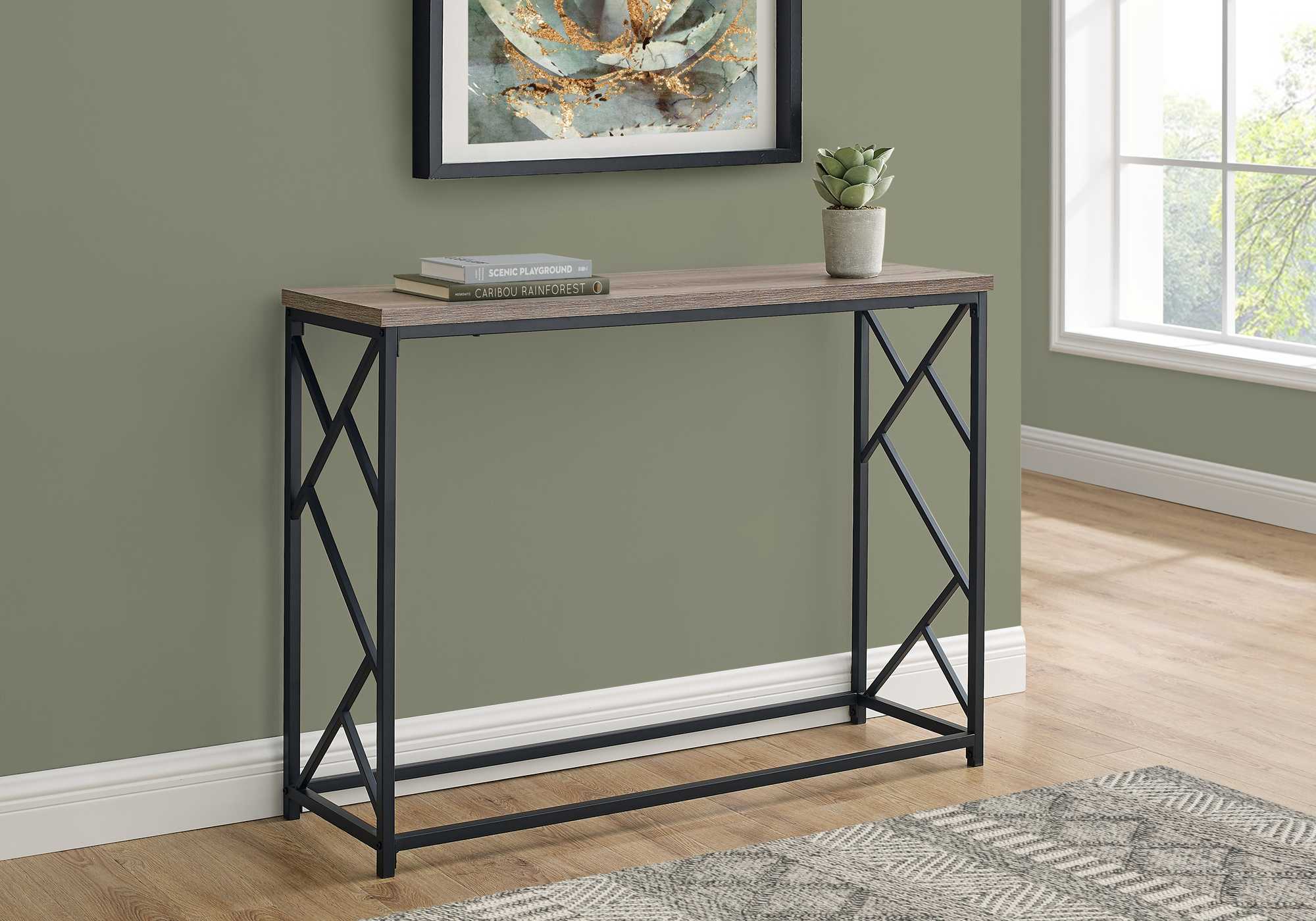 44-inch rectangular taupe hall console accent table with black metal frame, featuring a criss-cross design, perfect for entryways.