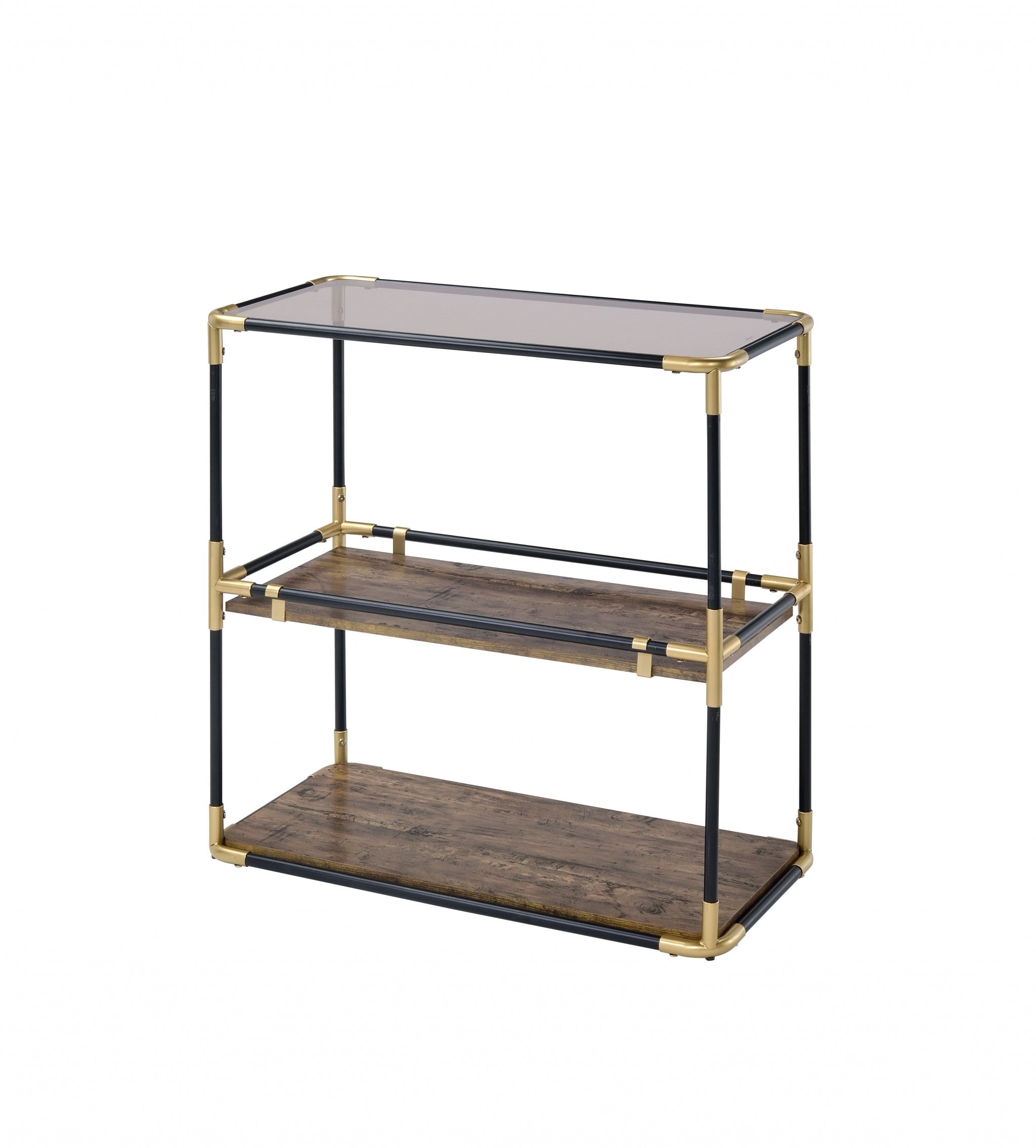 44 inches x 16 inches x 28 inches black solid wood leg console table with smoky tempered glass top and wooden shelves.