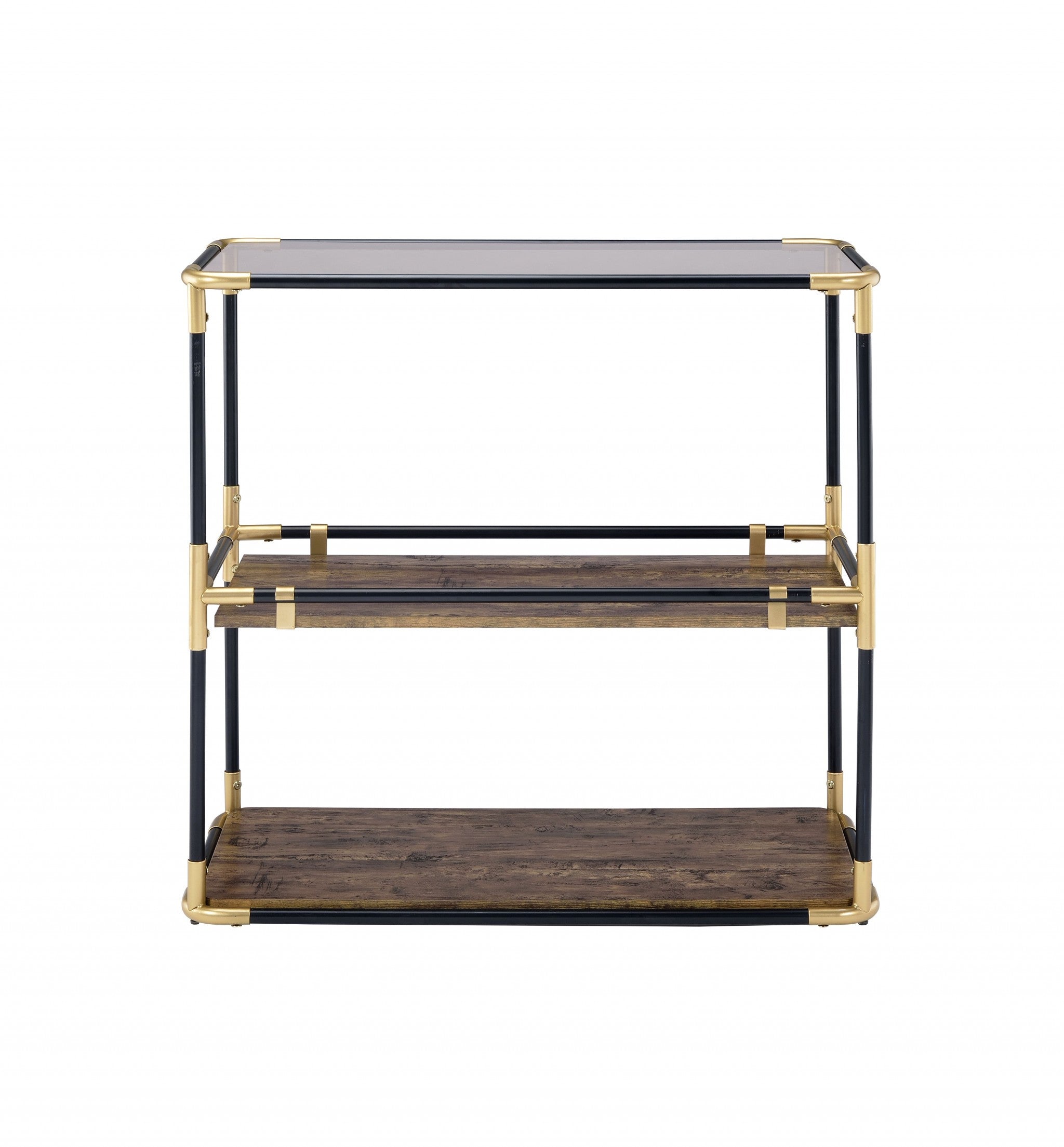 44 inches x 16 inches x 28 inches black solid wood leg console table with smoky tempered glass top and wooden shelves.