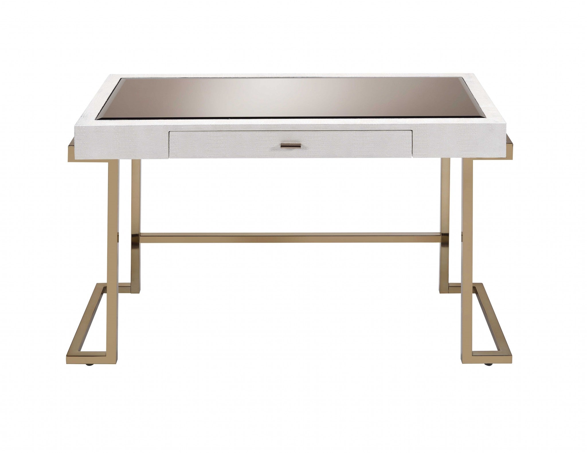A modern white and champagne desk featuring a rectangular design, black glass inset surface, and a middle drawer, perfect for stylish home offices.