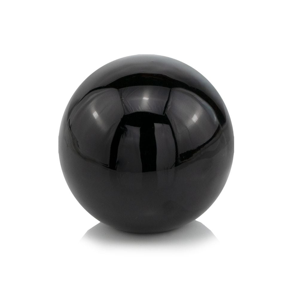 A polished black aluminum sphere measuring 4 inches in height, width, and depth, showcasing a sleek and modern design.