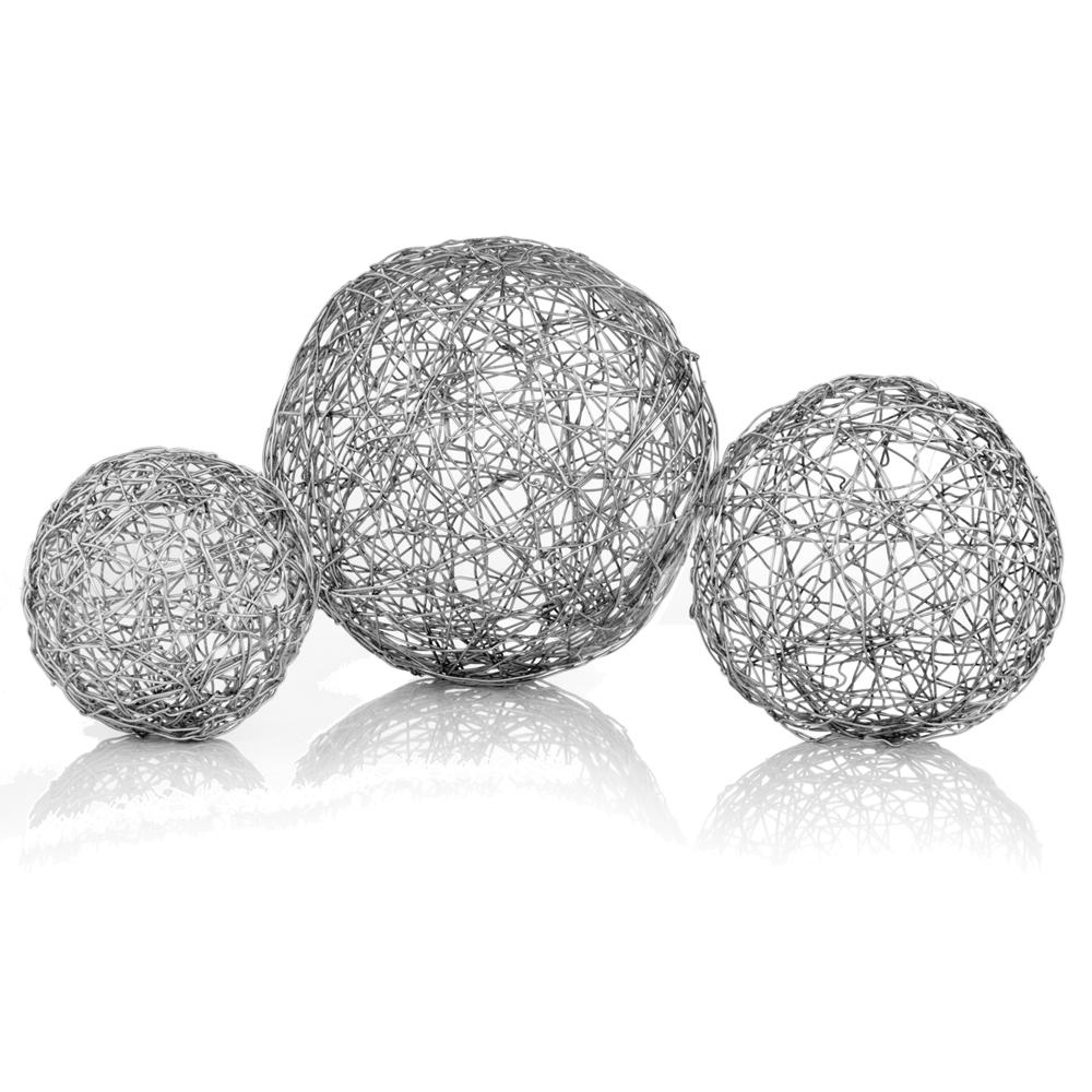 A shiny nickel wire sphere measuring 4 inches in all dimensions, showcasing its modern design and durable steel construction.