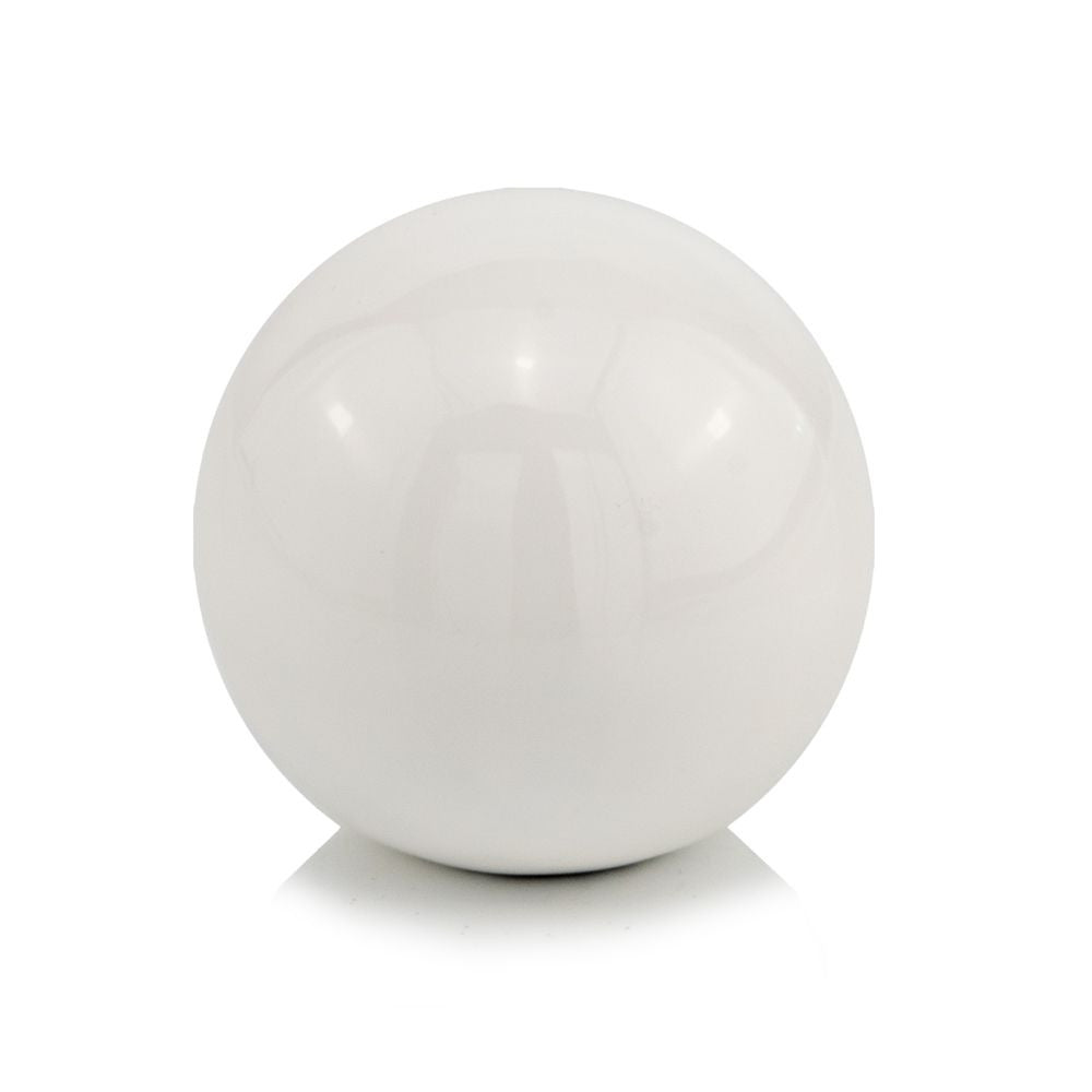 A polished white aluminum sphere measuring 4 inches in all dimensions, showcasing a modern and elegant design, perfect for home decor.