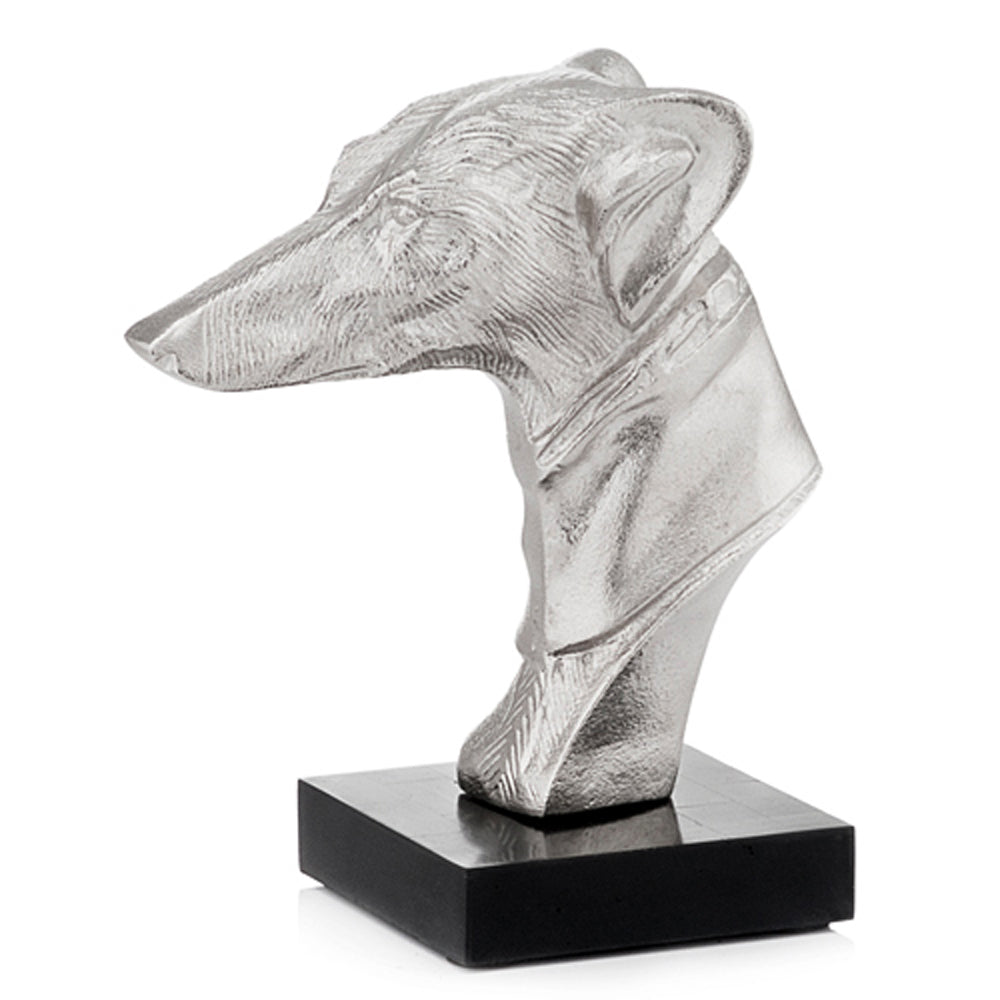 A stylish silver and black hound bust on a bone base, showcasing elegant craftsmanship and design.