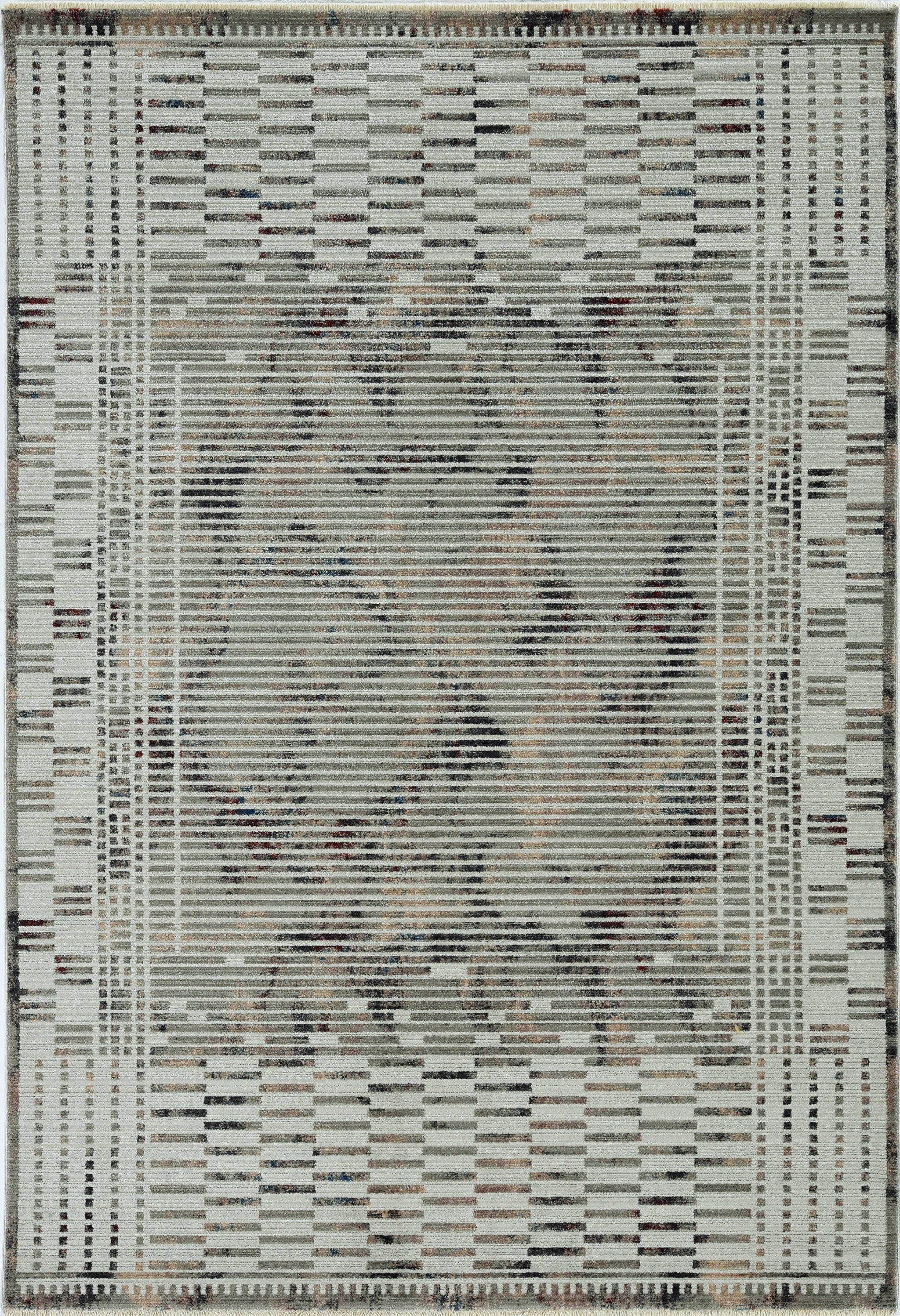 Beige machine woven rug with abstract lines design, showcasing texture and metallic highlights, perfect for contemporary living spaces.