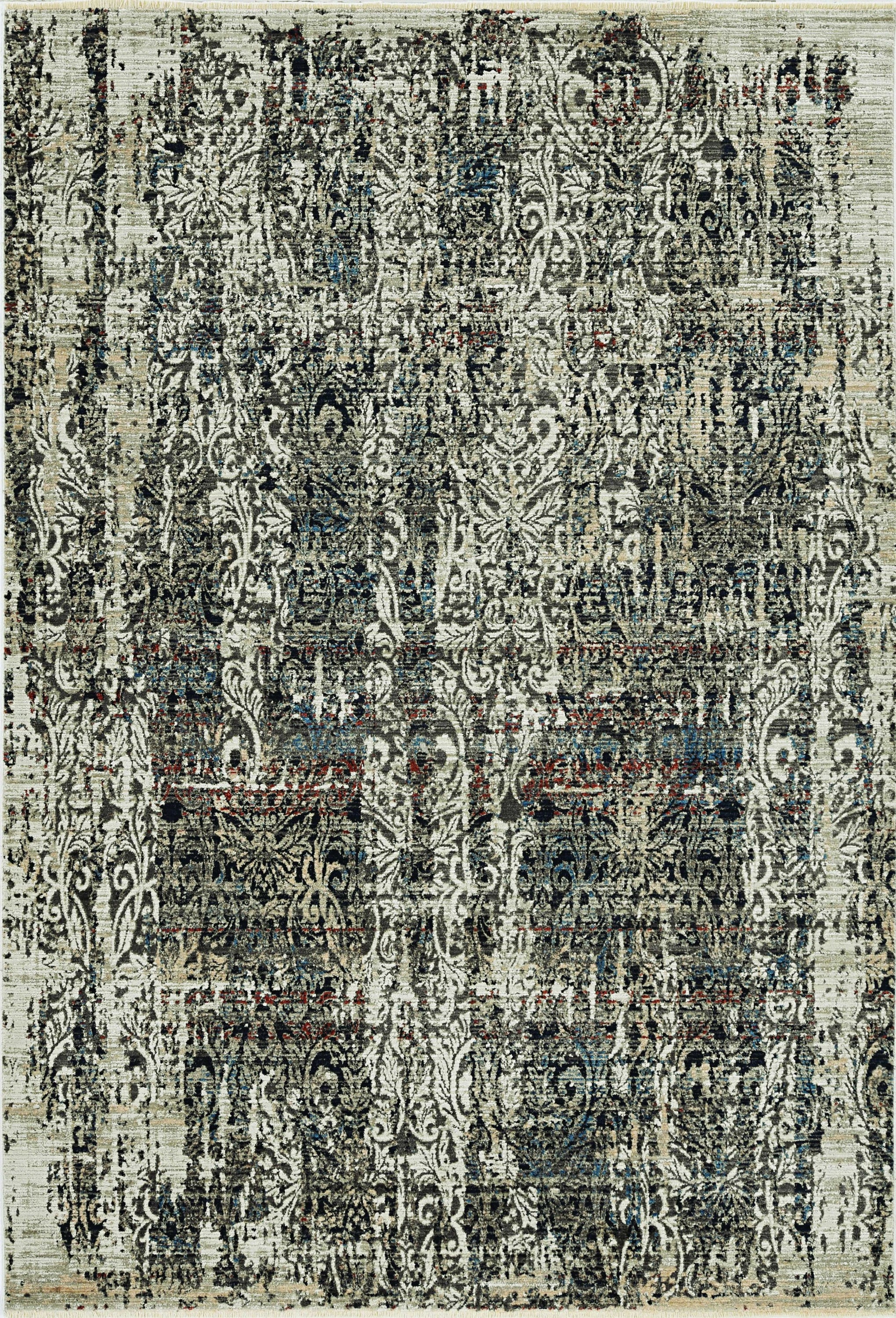 4x6 grey machine woven rug with distressed traditional design and fringe, showcasing texture and metallic highlights.