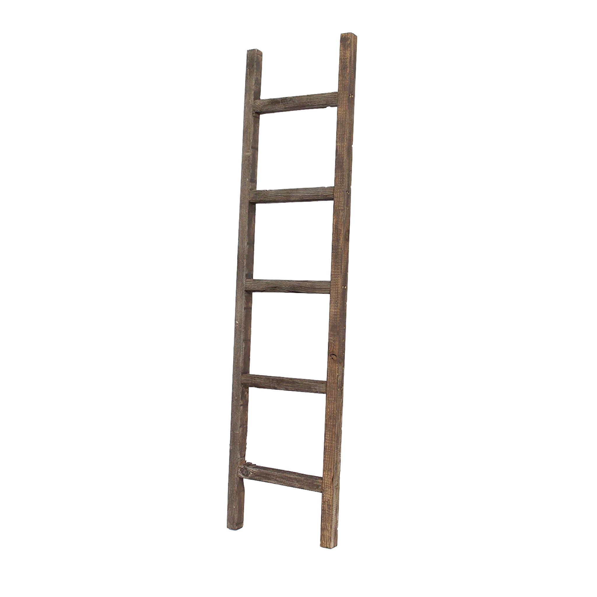 5 Step Rustic Espresso Gray Wood Ladder Shelf showcasing its unique reclaimed wood design and rustic finish.