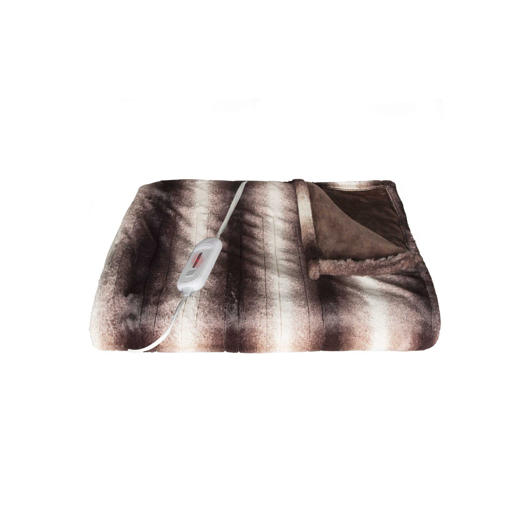 A luxurious 50x60 inches heated throw blanket in brown and white faux fur, showcasing its plush texture and modern contemporary design.