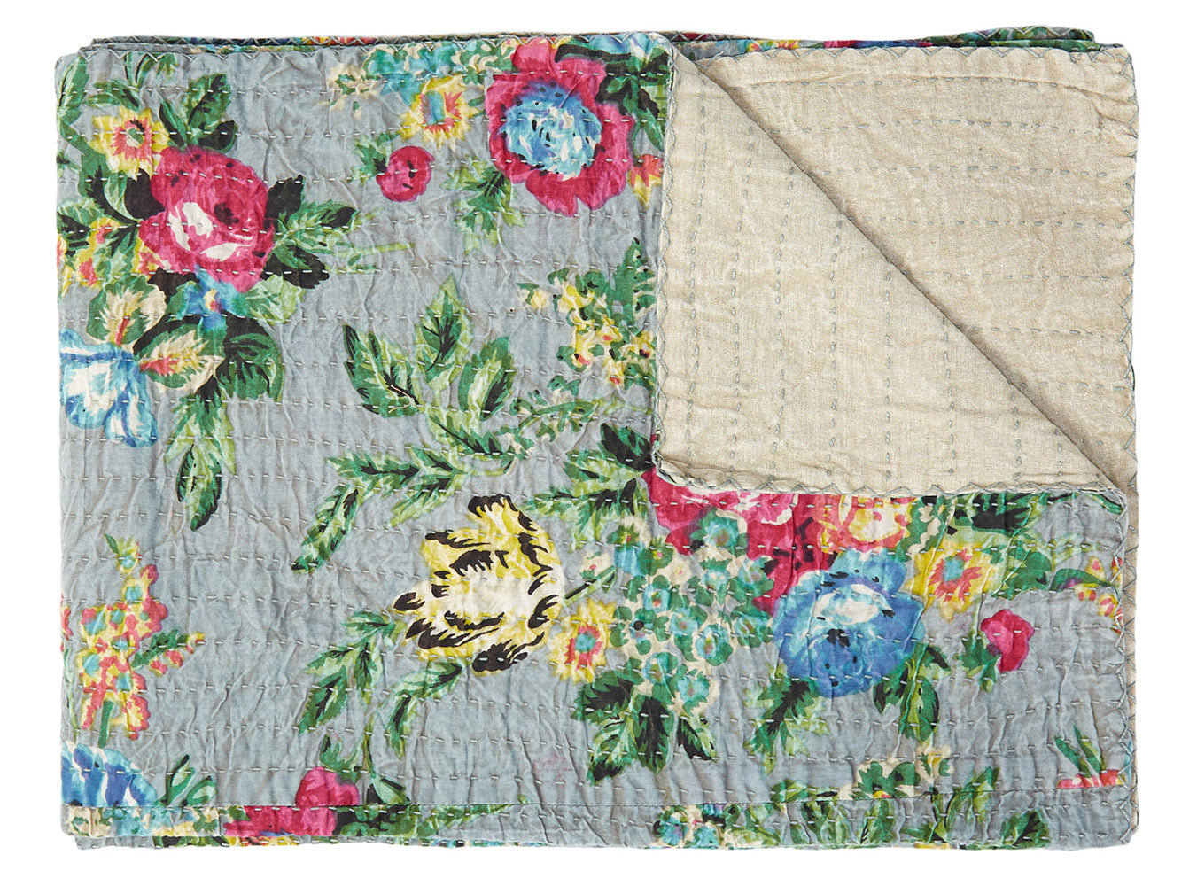 A vibrant multicolored traditional Kantha throw measuring 50x70 inches, showcasing intricate patchwork and embroidery.