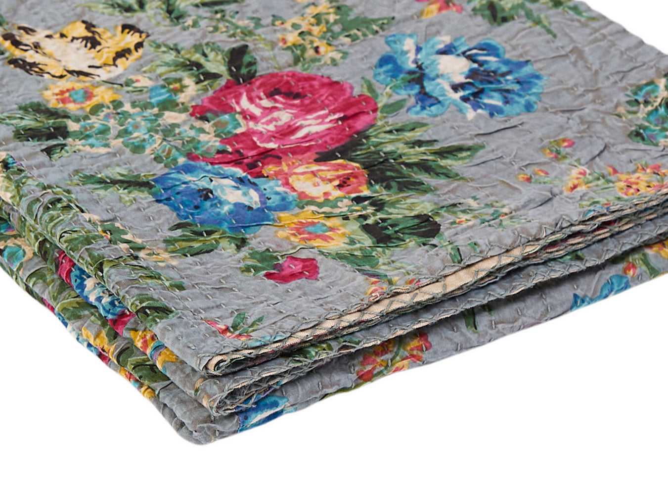 A vibrant multicolored traditional Kantha throw measuring 50x70 inches, showcasing intricate patchwork and embroidery.
