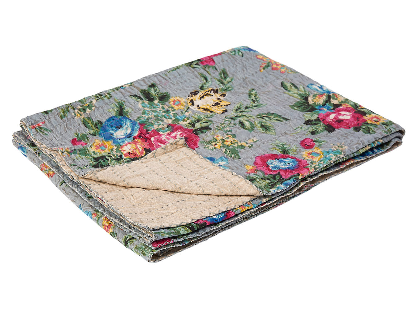 A vibrant multicolored traditional Kantha throw measuring 50x70 inches, showcasing intricate patchwork and embroidery.