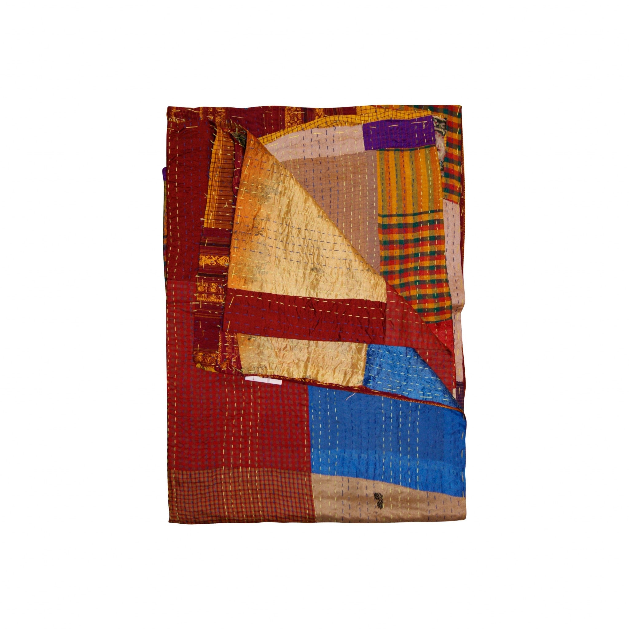 A vibrant 50x70 inches silk multicolor throw showcasing intricate patchwork design, handcrafted by Indian artisans.