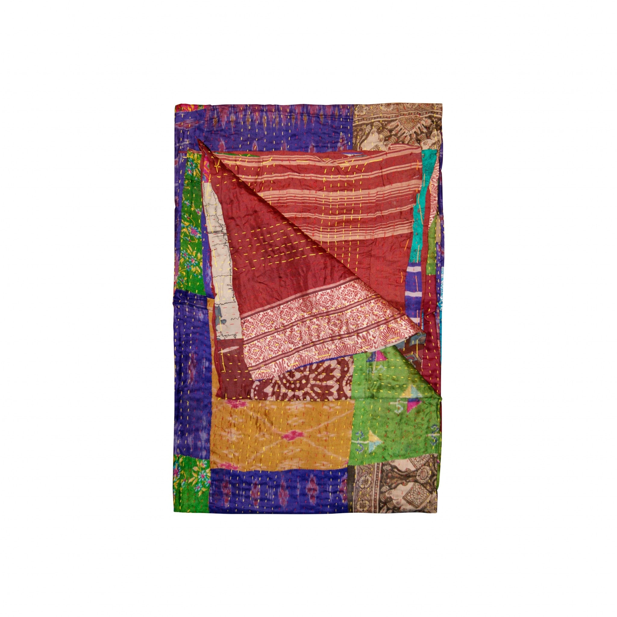 A vibrant 50x70 inches silk multicolor throw showcasing intricate patchwork and embroidery, perfect for home decor.