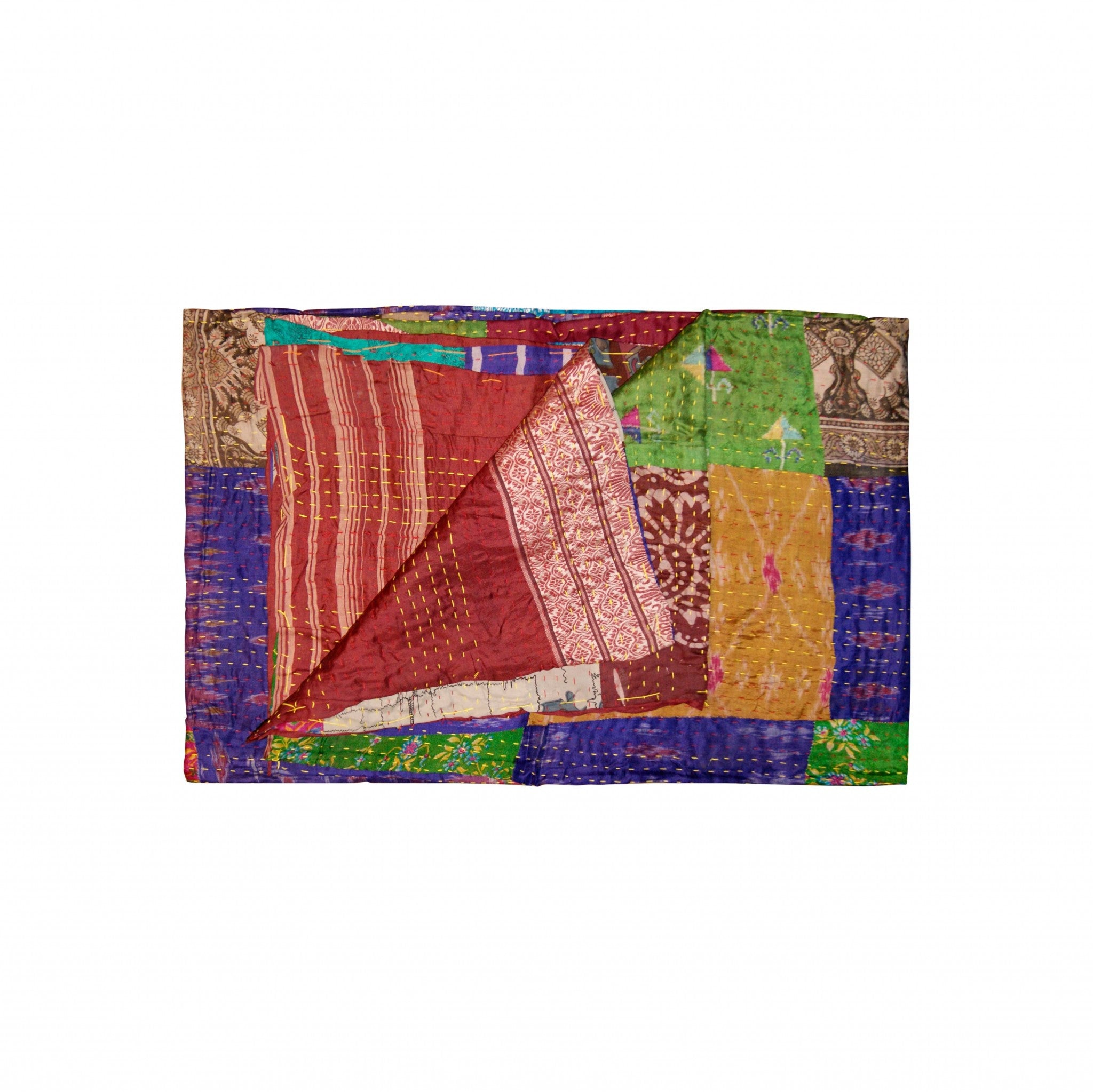 A vibrant 50x70 inches silk multicolor throw showcasing intricate patchwork and embroidery, perfect for home decor.