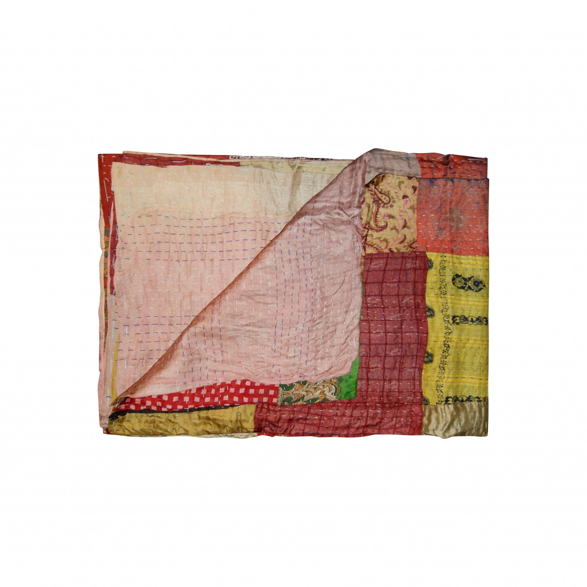 A vibrant 50x70 inches silk multicolor throw showcasing intricate patchwork designs, handcrafted by Indian artisans, perfect for home decor.