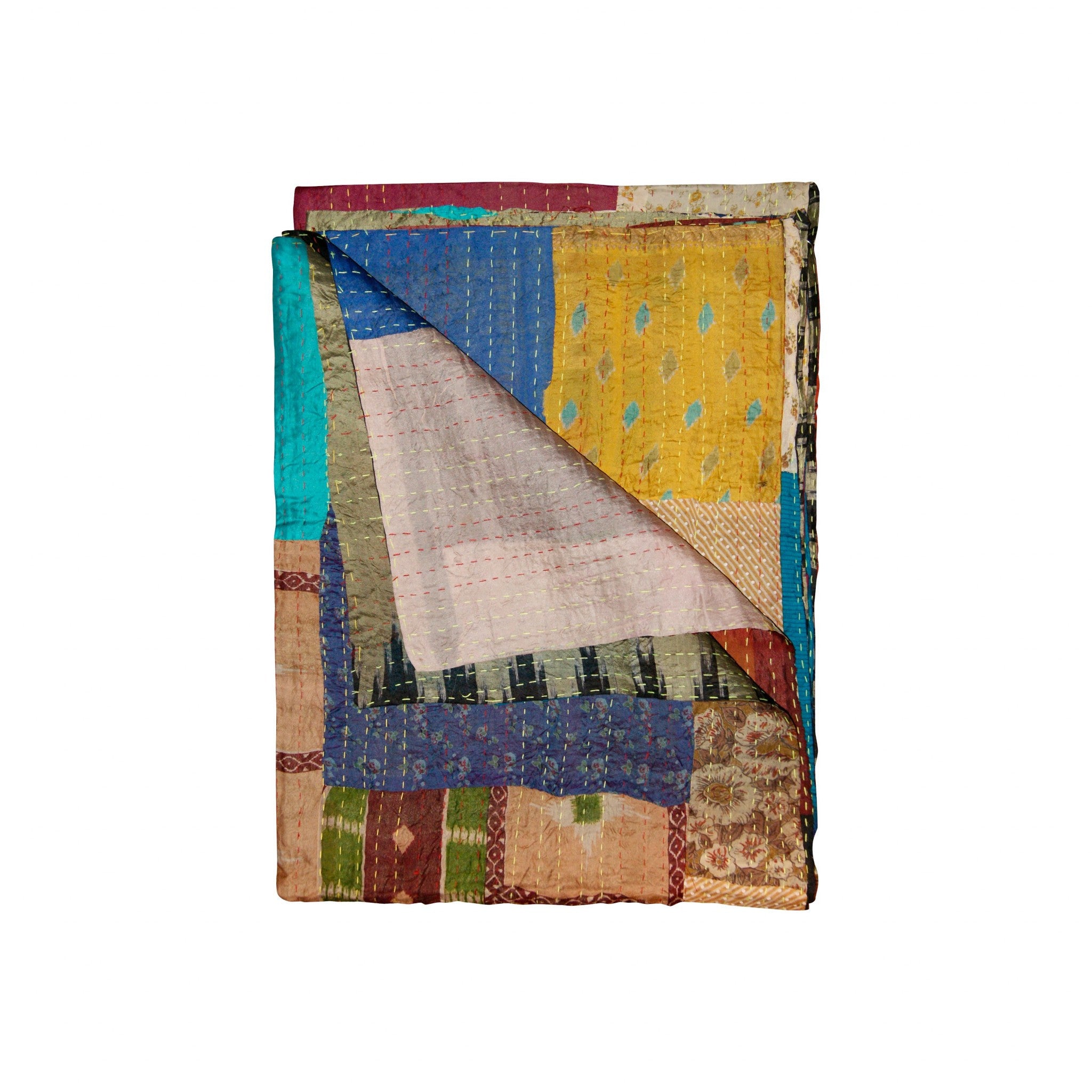 A vibrant 50x70 inches silk multicolor throw showcasing intricate patchwork and luxurious textures, handcrafted by Indian artisans.
