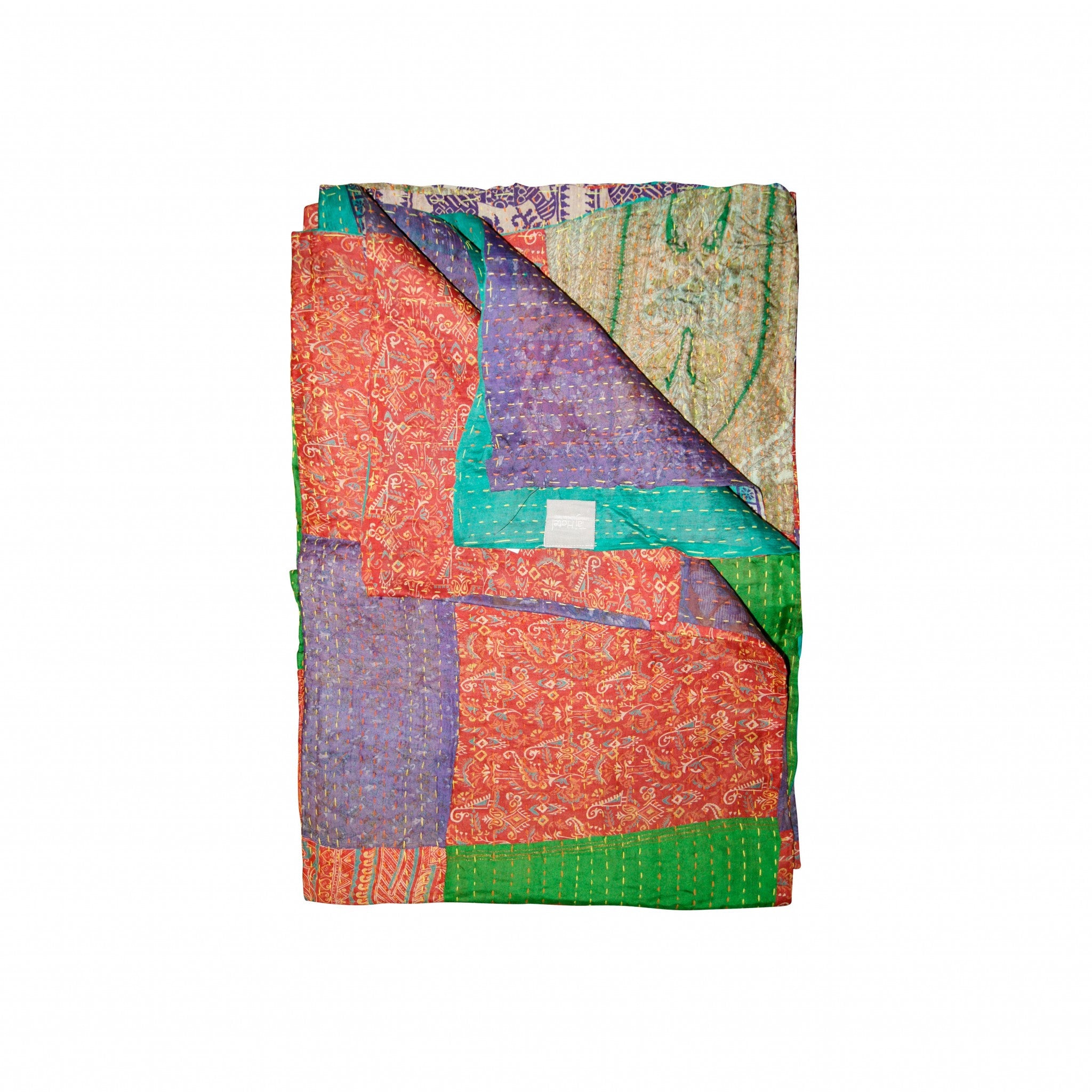 A vibrant 50x70 inches silk multicolor throw showcasing intricate patchwork and luxurious textures, handcrafted by Indian artisans.