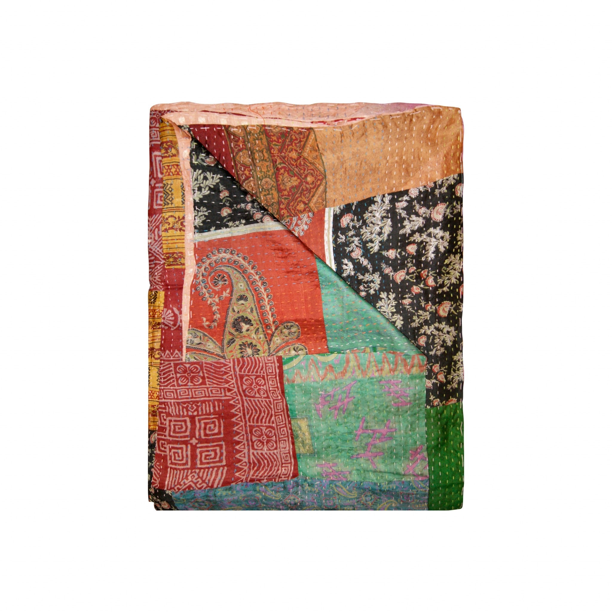 A beautifully handcrafted 50x70 inches silk multicolor throw featuring intricate patchwork designs and vibrant colors, perfect for home decor.