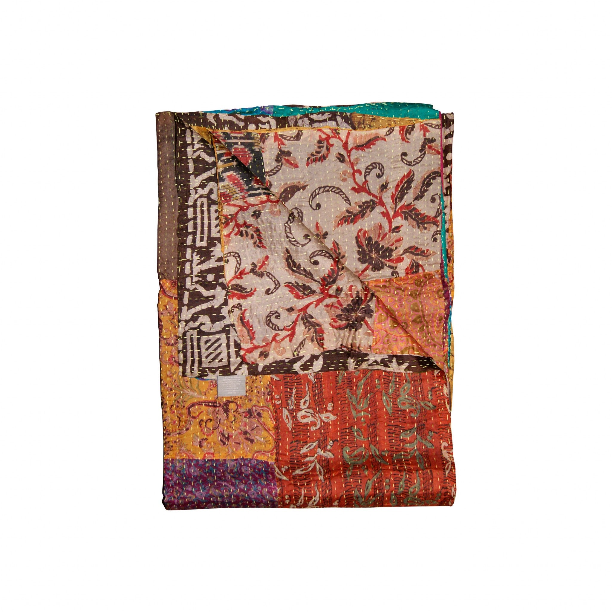 A vibrant 50x70 inches silk multicolor throw showcasing intricate patchwork and luxurious textures, handcrafted by Indian artisans.