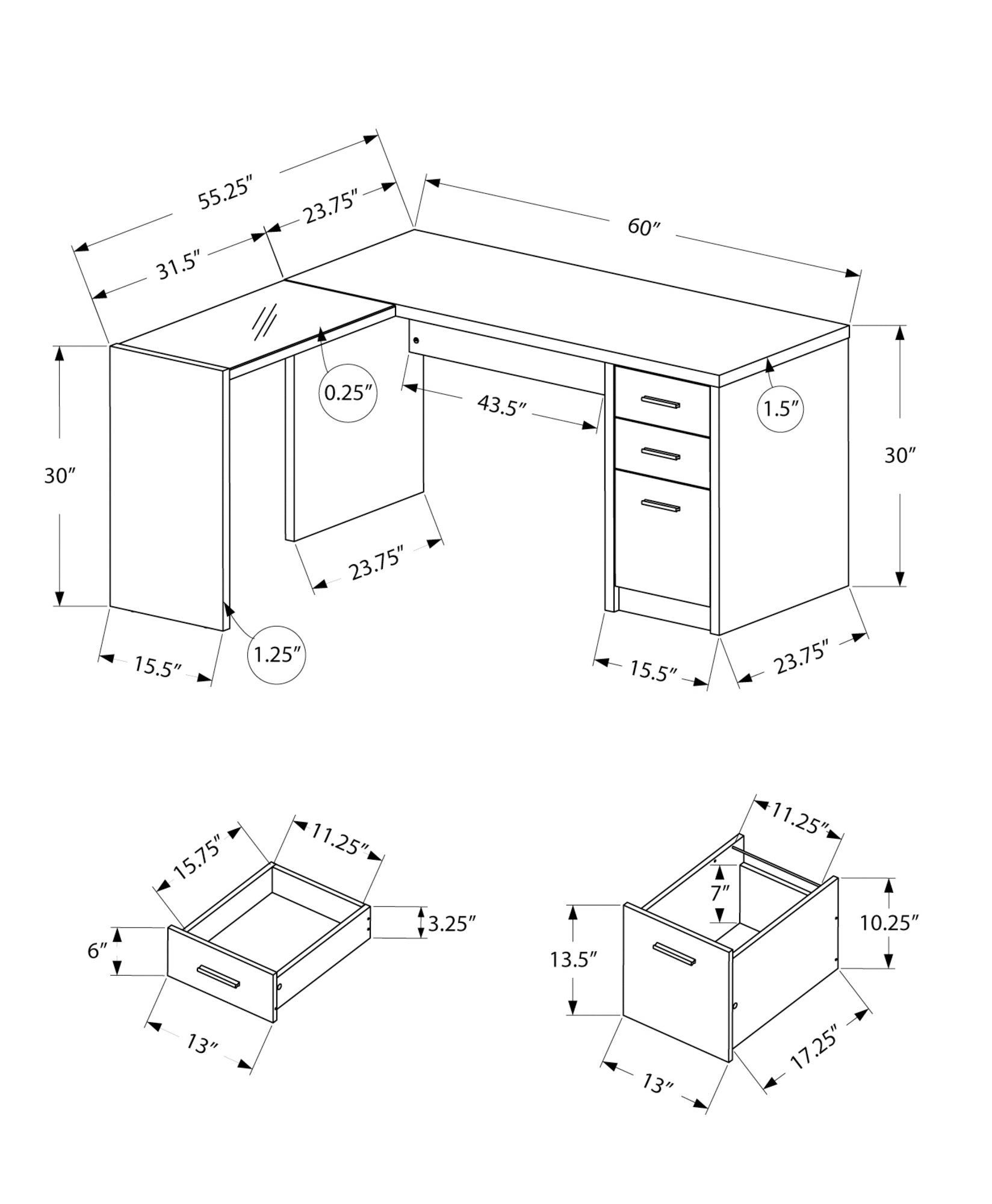 L-shaped computer desk made of black clear grey particle board, featuring two drawers and a cubby space, ideal for home or office use.