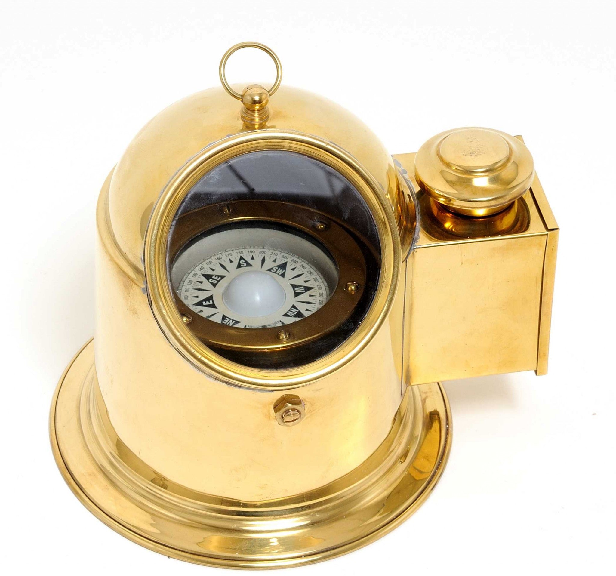 A beautifully crafted 5.25x6x6 inches Binnacle Compass made of solid brass with a golden glow, featuring a floating dial and an oil lamp.