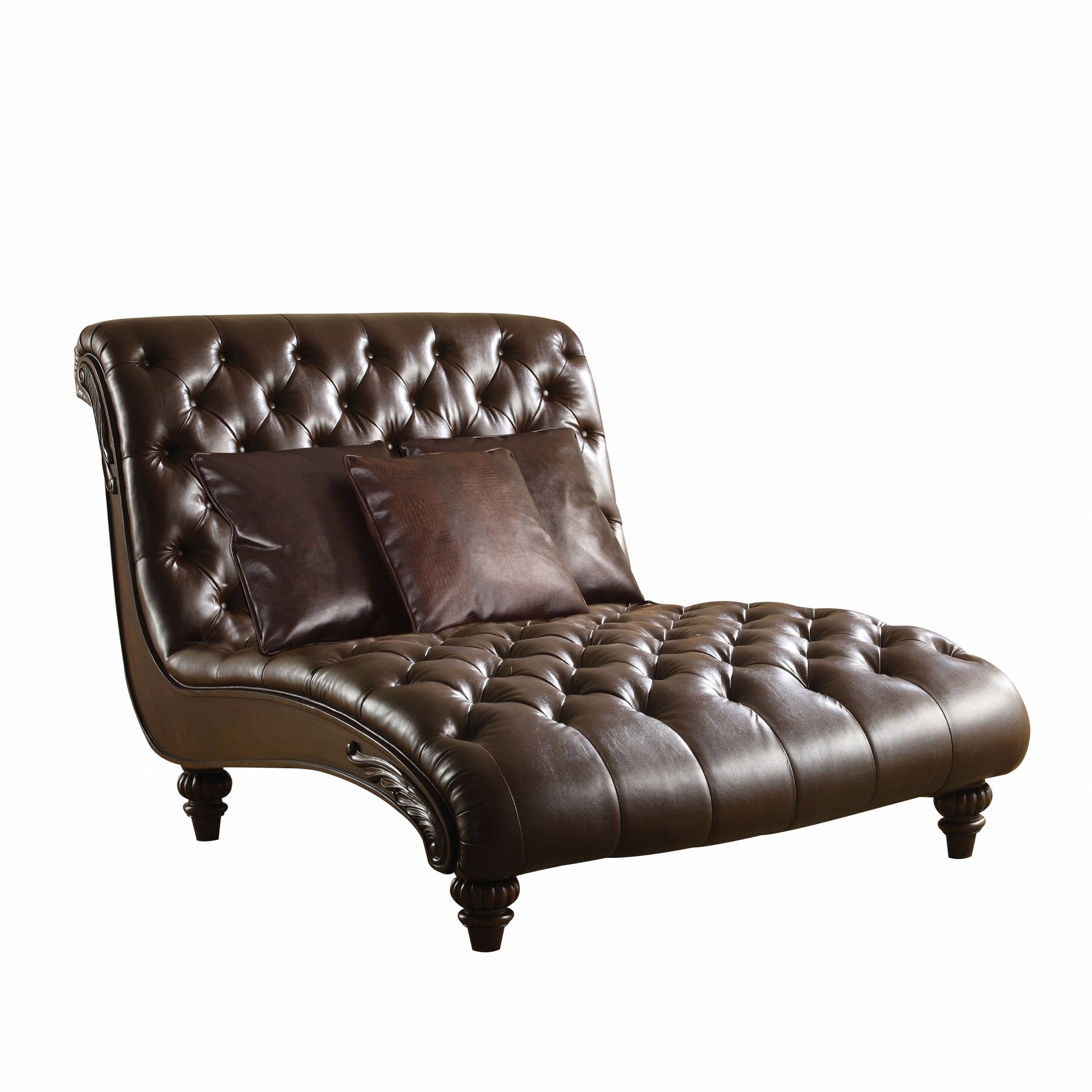 A stylish 52x70 inches 2-tone brown PU upholstery wood chaise with plush seating, button tufted back, and rolled armrests, perfect for living rooms.