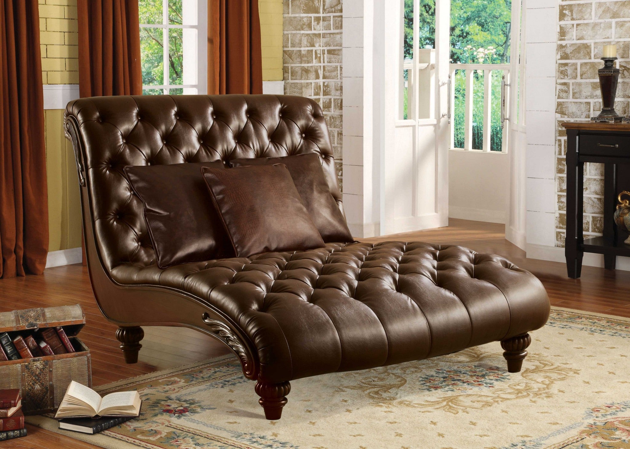 A stylish 52x70 inches 2-tone brown PU upholstery wood chaise with plush seating, button tufted back, and rolled armrests, perfect for living rooms.