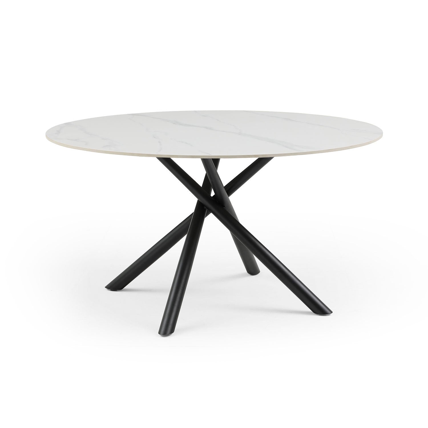 A modern round dining table with a white sintered stone tabletop and sturdy metal cross legs, elegantly designed for contemporary dining spaces.