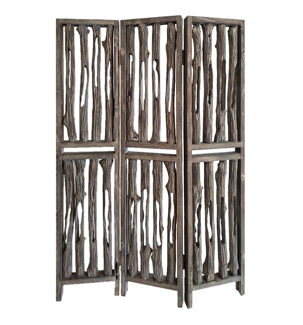 A stylish 3-panel room divider in weathered brown wood featuring an artistic tree design, perfect for modern decor.