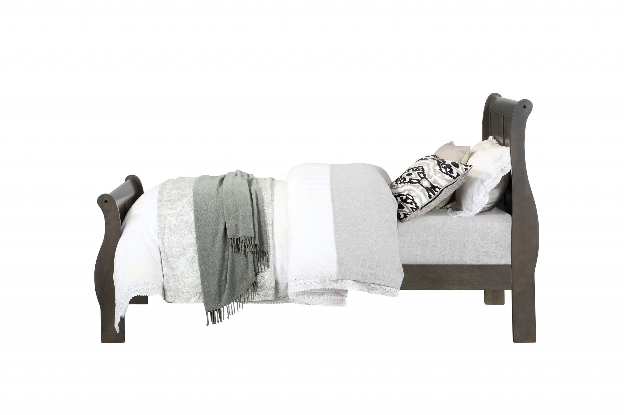 A stylish dark gray wood full bed with a classic sleigh design, featuring elegant moldings and luxurious pull handles.
