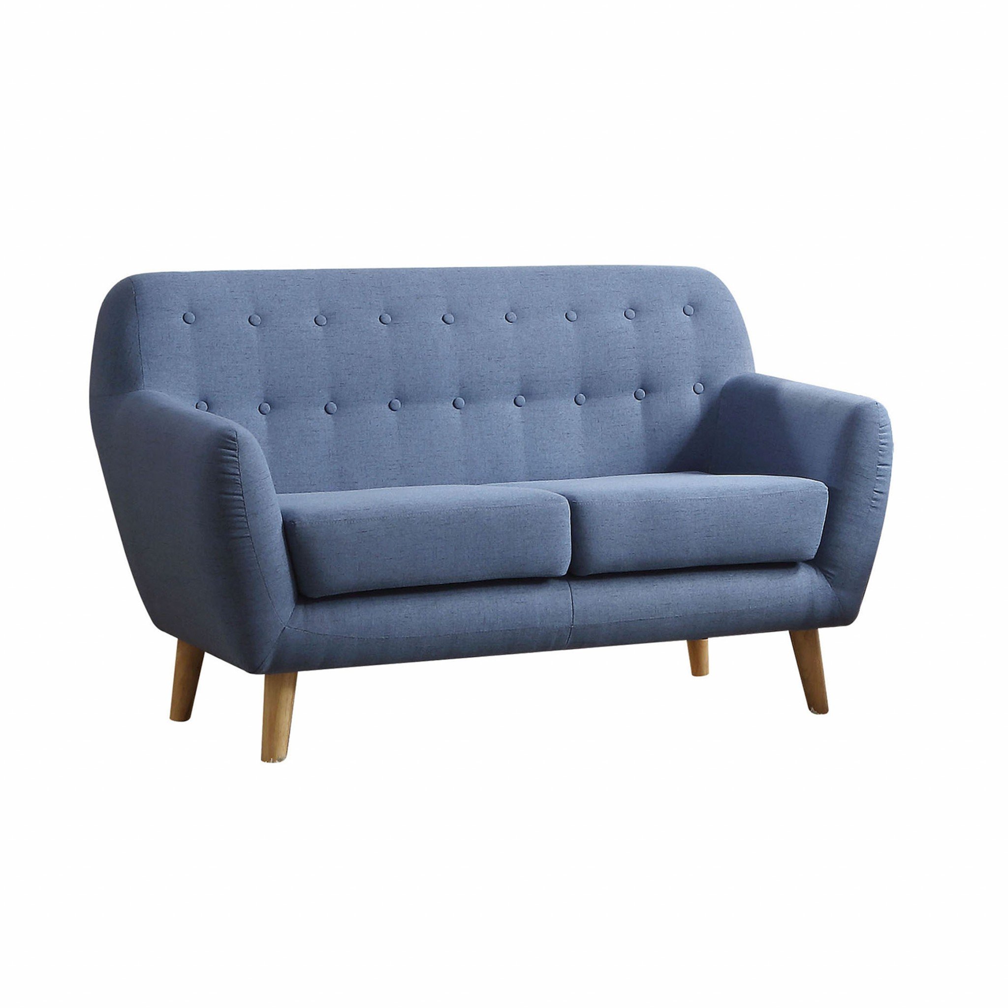 A stylish blue linen loveseat measuring 57x31x35 inches, featuring a tufted backrest and natural wooden legs, perfect for modern living rooms.