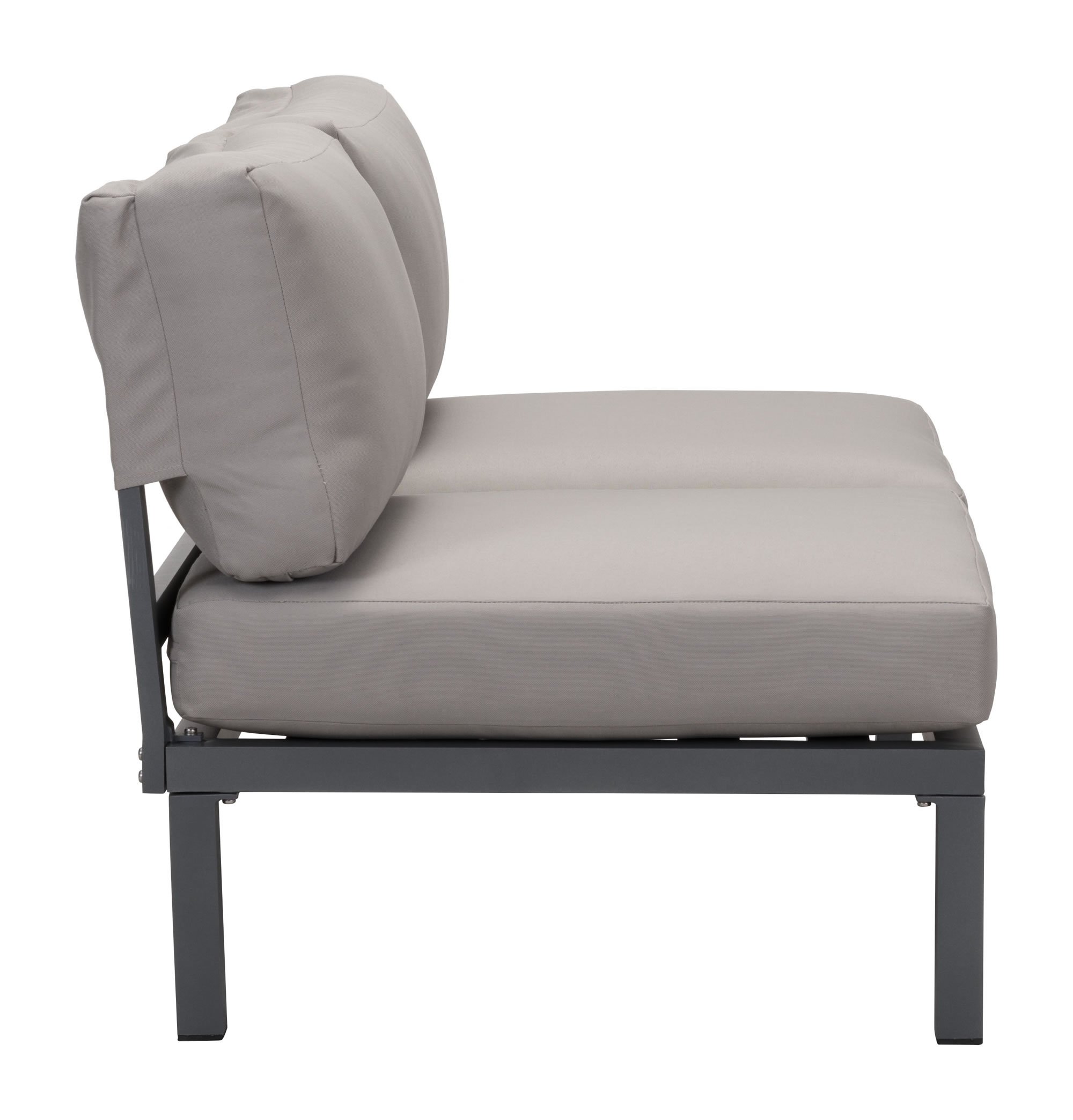 Modern dark gray armless loveseat with plush cushions, perfect for outdoor seating arrangements.