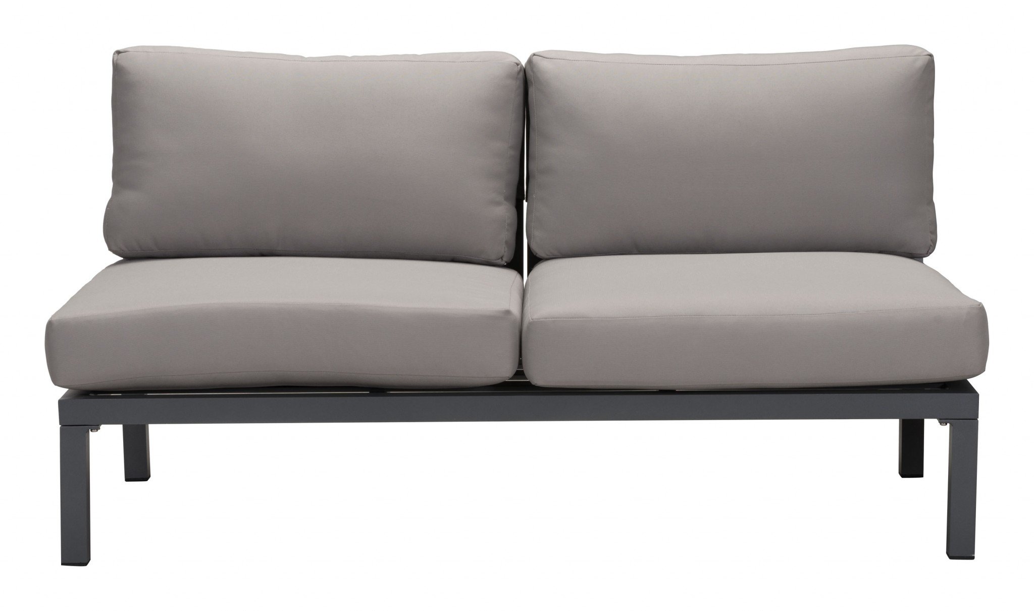 Modern dark gray armless loveseat with plush cushions, perfect for outdoor seating arrangements.